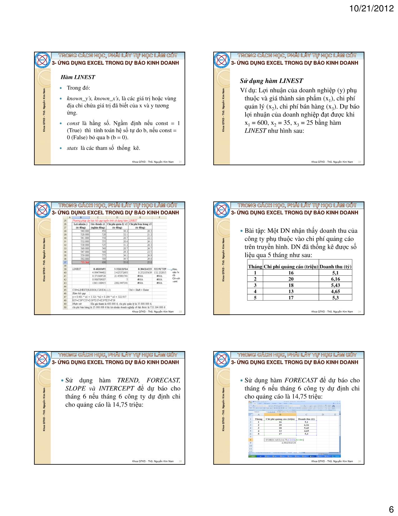 Bài giảng Tin học ứng dụng trong kinh doanh - Chương 3: Dự báo và phân tích hồi quy tương quan - Nguyễn Kim Nam trang 6