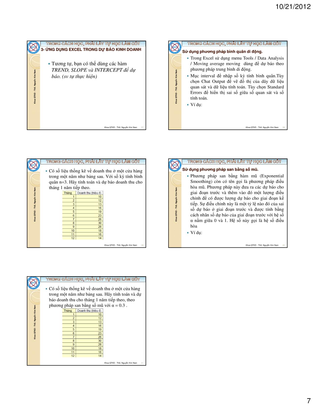 Bài giảng Tin học ứng dụng trong kinh doanh - Chương 3: Dự báo và phân tích hồi quy tương quan - Nguyễn Kim Nam trang 7