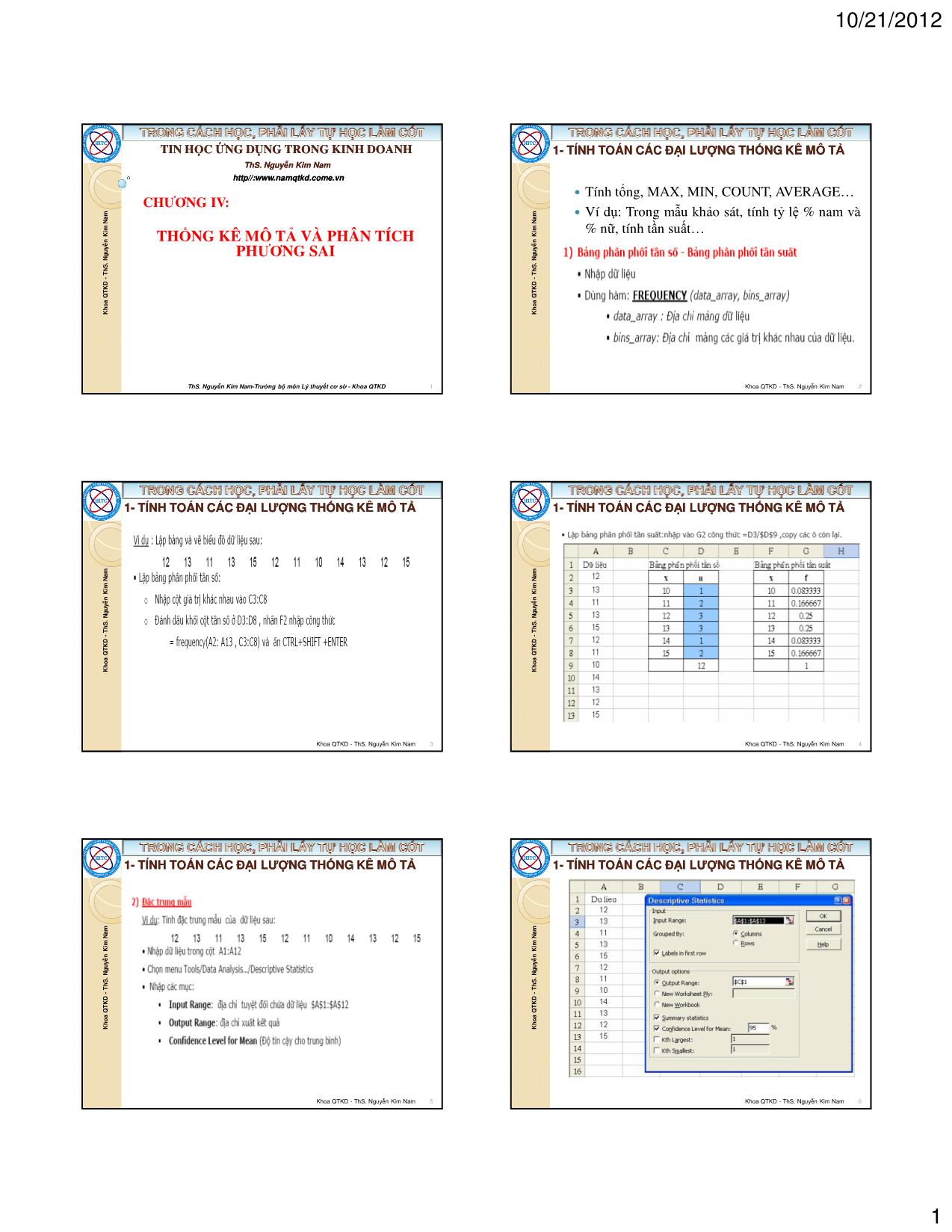 Bài giảng Tin học ứng dụng trong kinh doanh - Chương 4: Thống kê mô tả và phân tích phương sai - Nguyễn Kim Nam trang 1