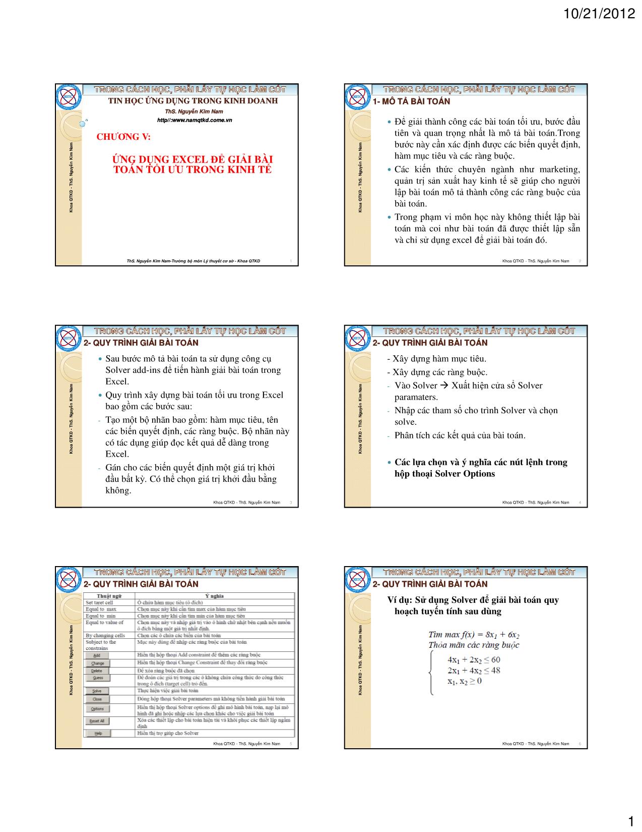 Bài giảng Tin học ứng dụng trong kinh doanh - Chương 5: Ứng dụng Excel để giải bài toán tối ưu trong kinh tế - Nguyễn Kim Nam trang 1
