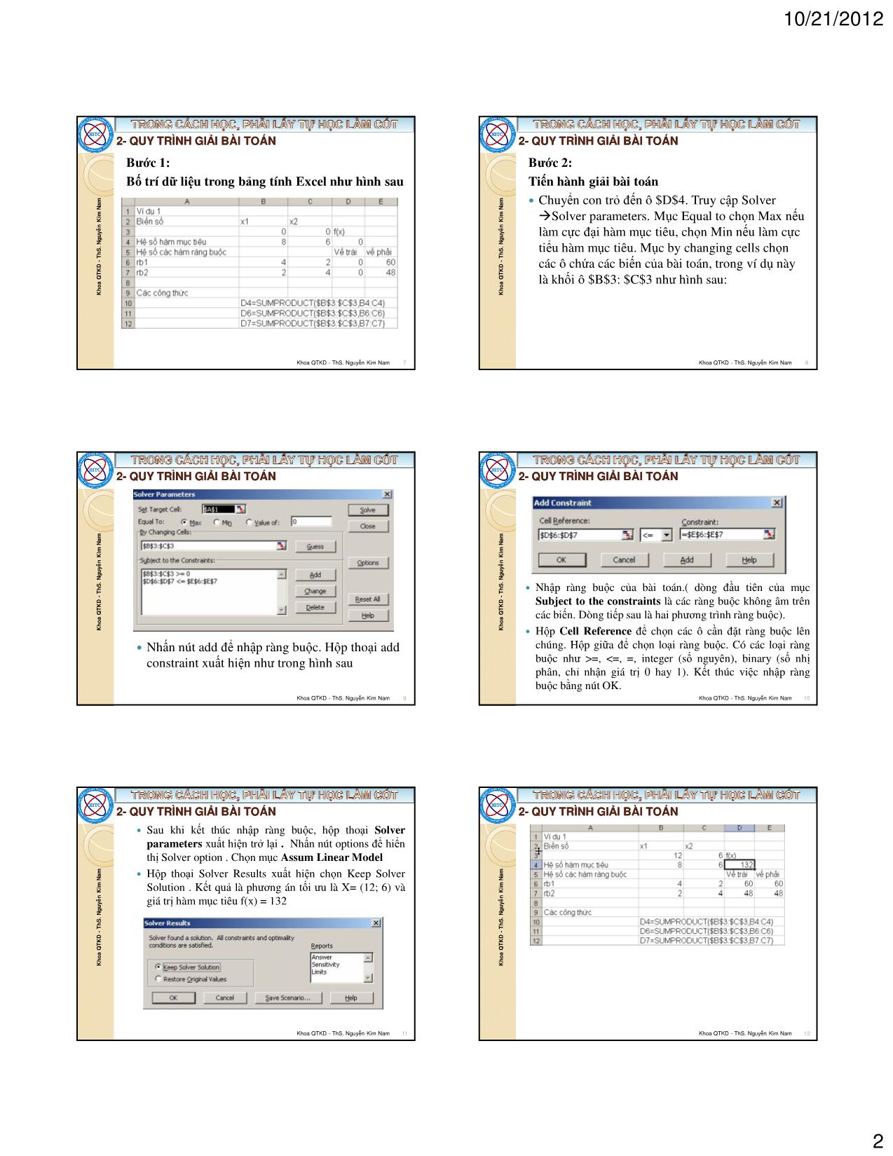 Bài giảng Tin học ứng dụng trong kinh doanh - Chương 5: Ứng dụng Excel để giải bài toán tối ưu trong kinh tế - Nguyễn Kim Nam trang 2