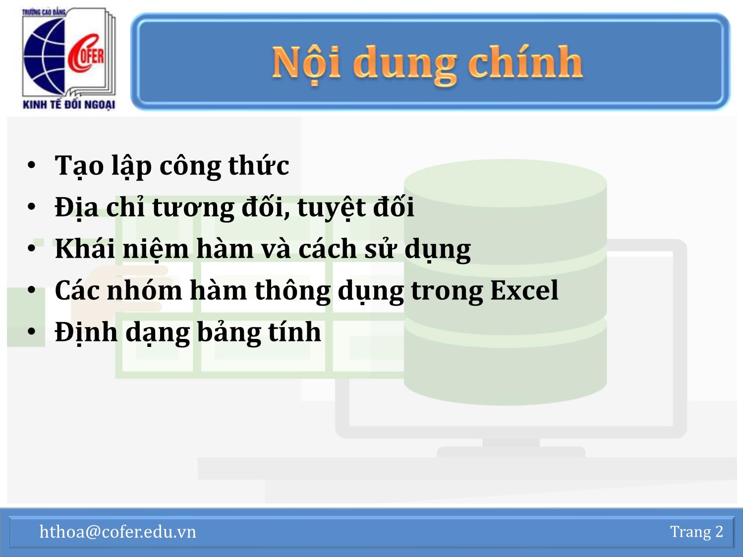 Bài giảng Tin học văn phòng - Chương 1: Excel nâng cao (Phần 2) - Hoàng Thanh Hòa trang 2