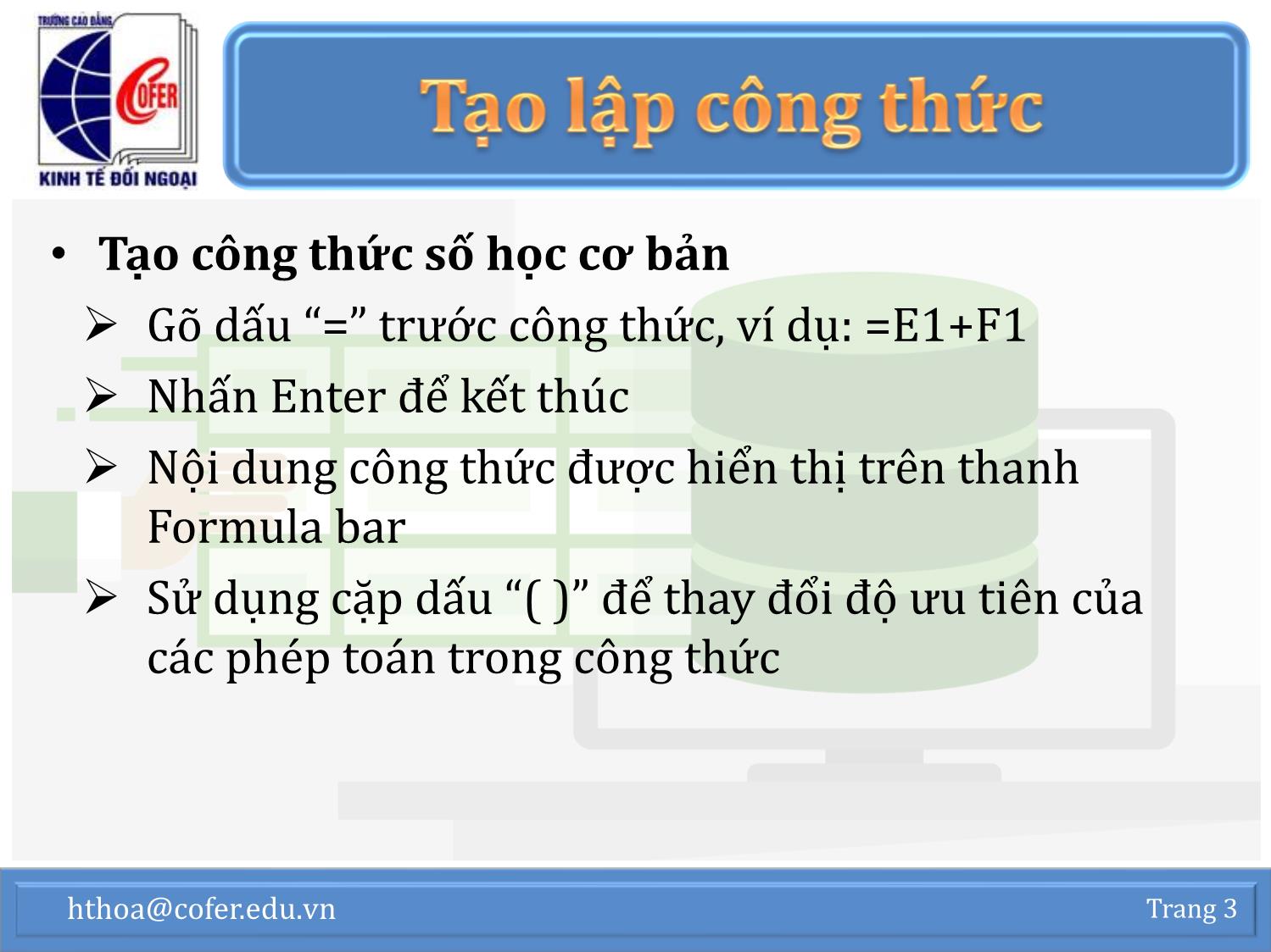 Bài giảng Tin học văn phòng - Chương 1: Excel nâng cao (Phần 2) - Hoàng Thanh Hòa trang 3