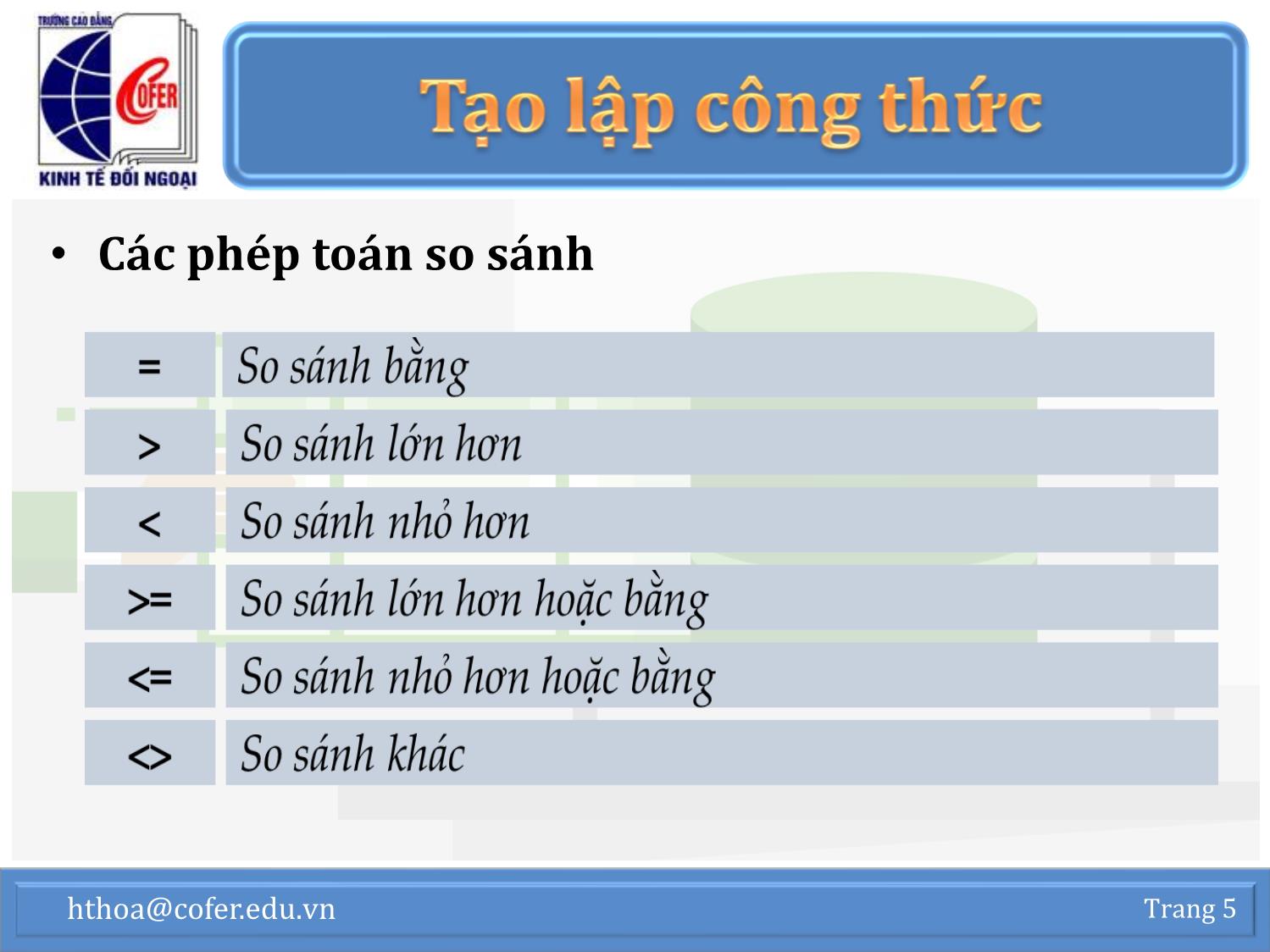 Bài giảng Tin học văn phòng - Chương 1: Excel nâng cao (Phần 2) - Hoàng Thanh Hòa trang 5