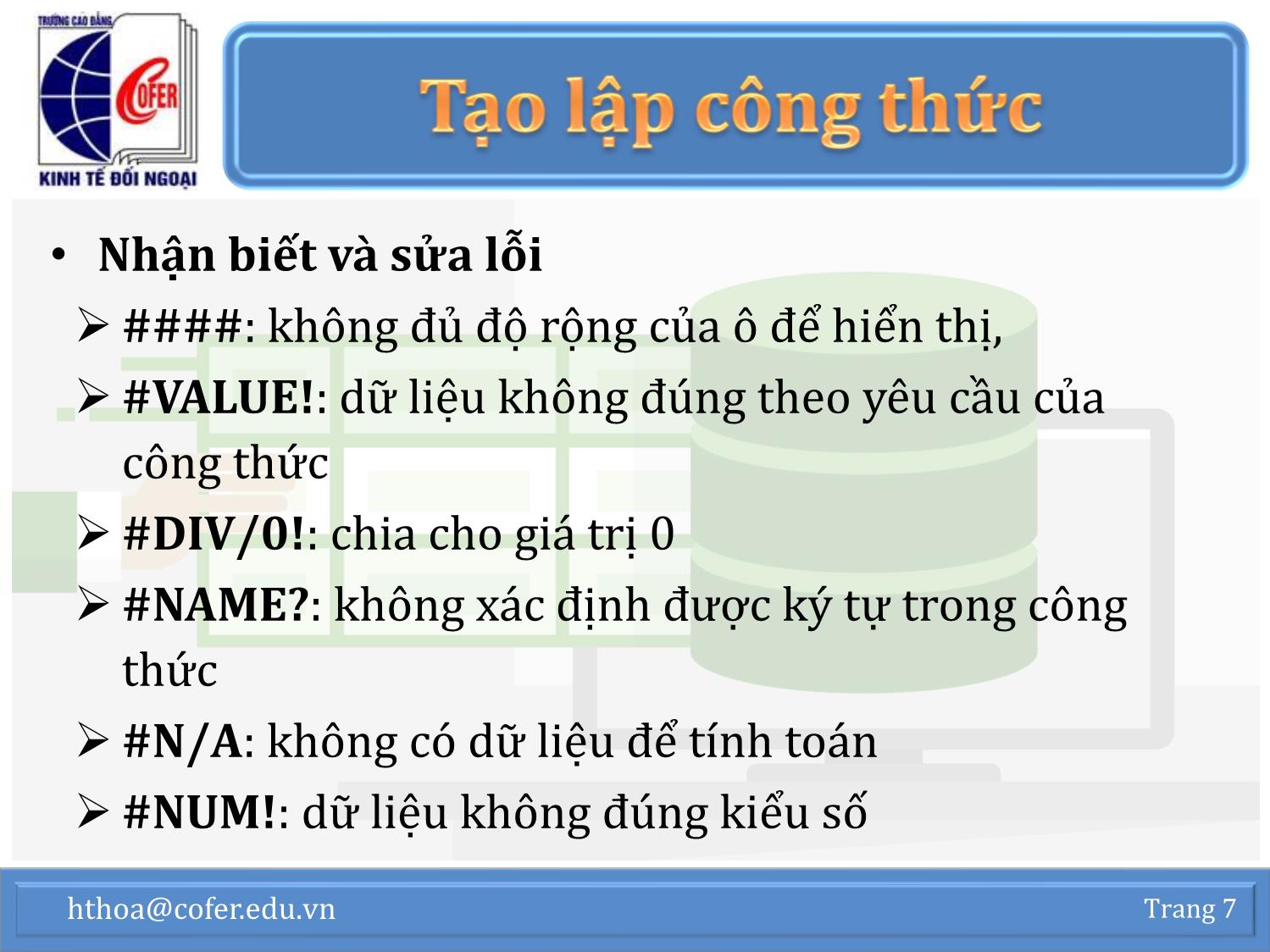 Bài giảng Tin học văn phòng - Chương 1: Excel nâng cao (Phần 2) - Hoàng Thanh Hòa trang 7