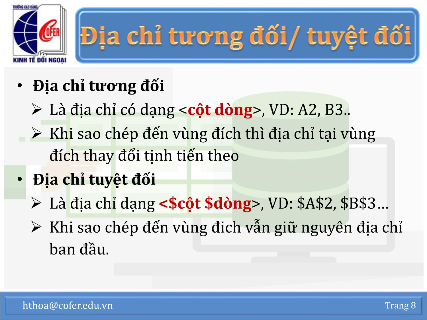 Bài giảng Tin học văn phòng - Chương 1: Excel nâng cao (Phần 2) - Hoàng Thanh Hòa trang 8