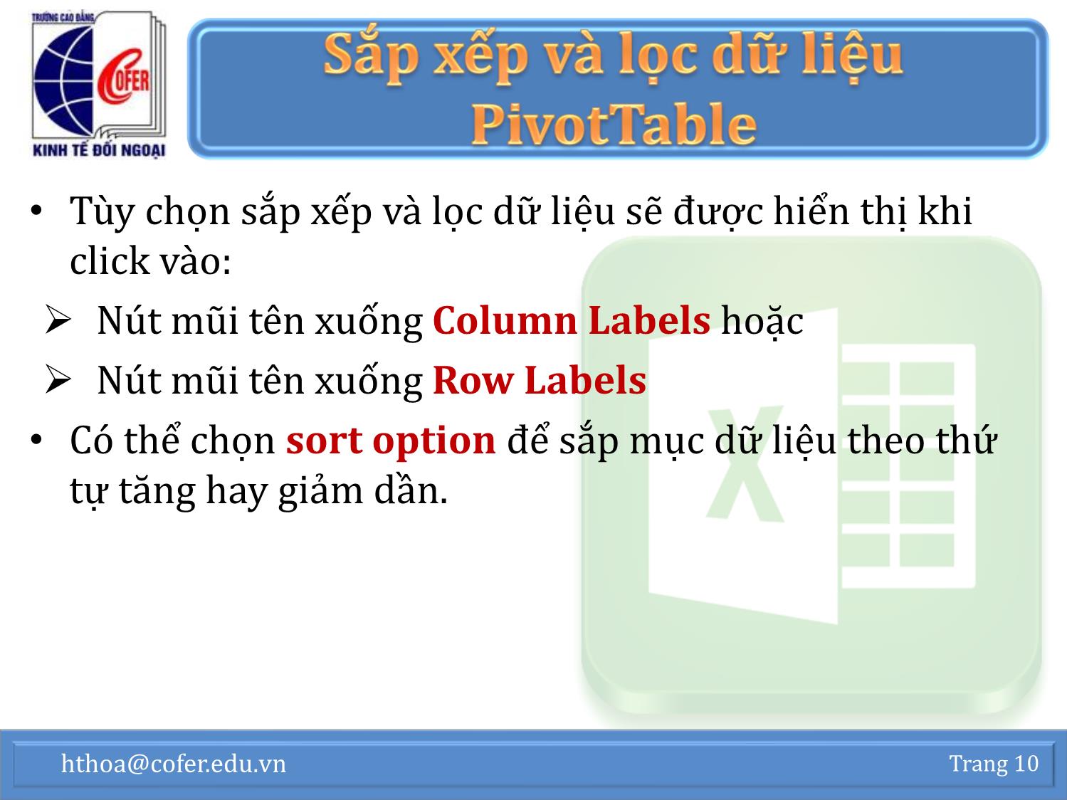 Bài giảng Tin học văn phòng - Chương 1: Excel nâng cao (Phần 3) - Hoàng Thanh Hòa trang 10