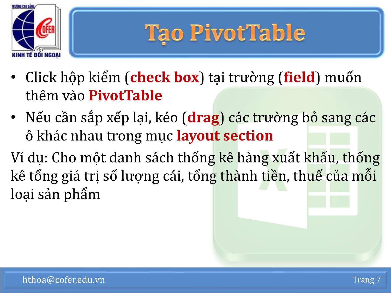 Bài giảng Tin học văn phòng - Chương 1: Excel nâng cao (Phần 3) - Hoàng Thanh Hòa trang 7