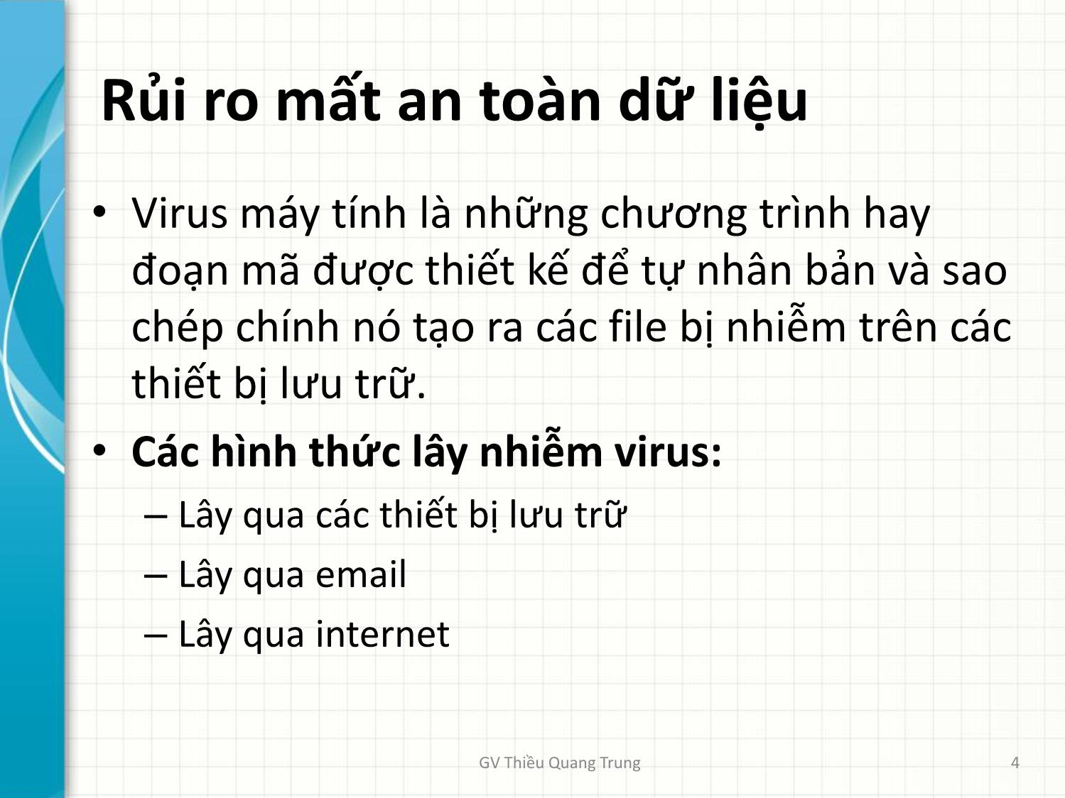 Bài giảng Tin học văn phòng 2 - Bài 7: Bảo vệ dữ liệu máy tính - Thiều Quang Trung trang 4