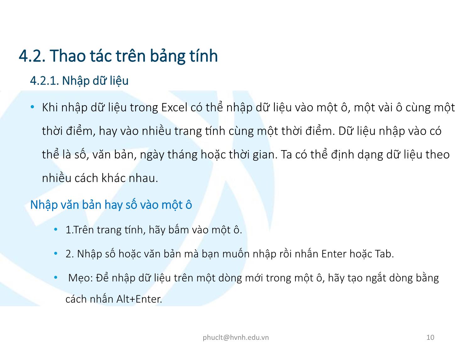 Bài giảng Ứng dụng công nghệ thông tin - Mô đun 4: Kỹ năng sử dụng bảng tính cơ bản - Lê Thanh Phúc trang 10