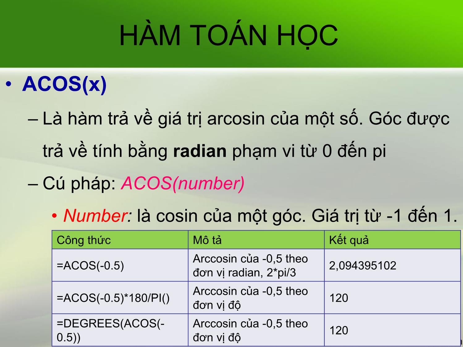 Bài giảng Tin học văn phòng - Bài 9+10: Các hàm trong Excel - Nguyễn Thị Phương Thảo trang 9