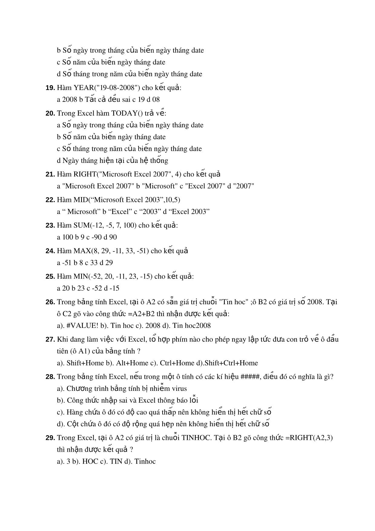 Câu hỏi trắc nghiệm Excel 2007 trang 3