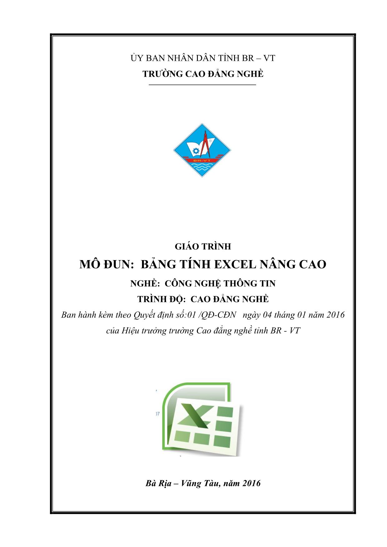 Giáo trình mô đun Bảng tính Excel nâng cao trang 1