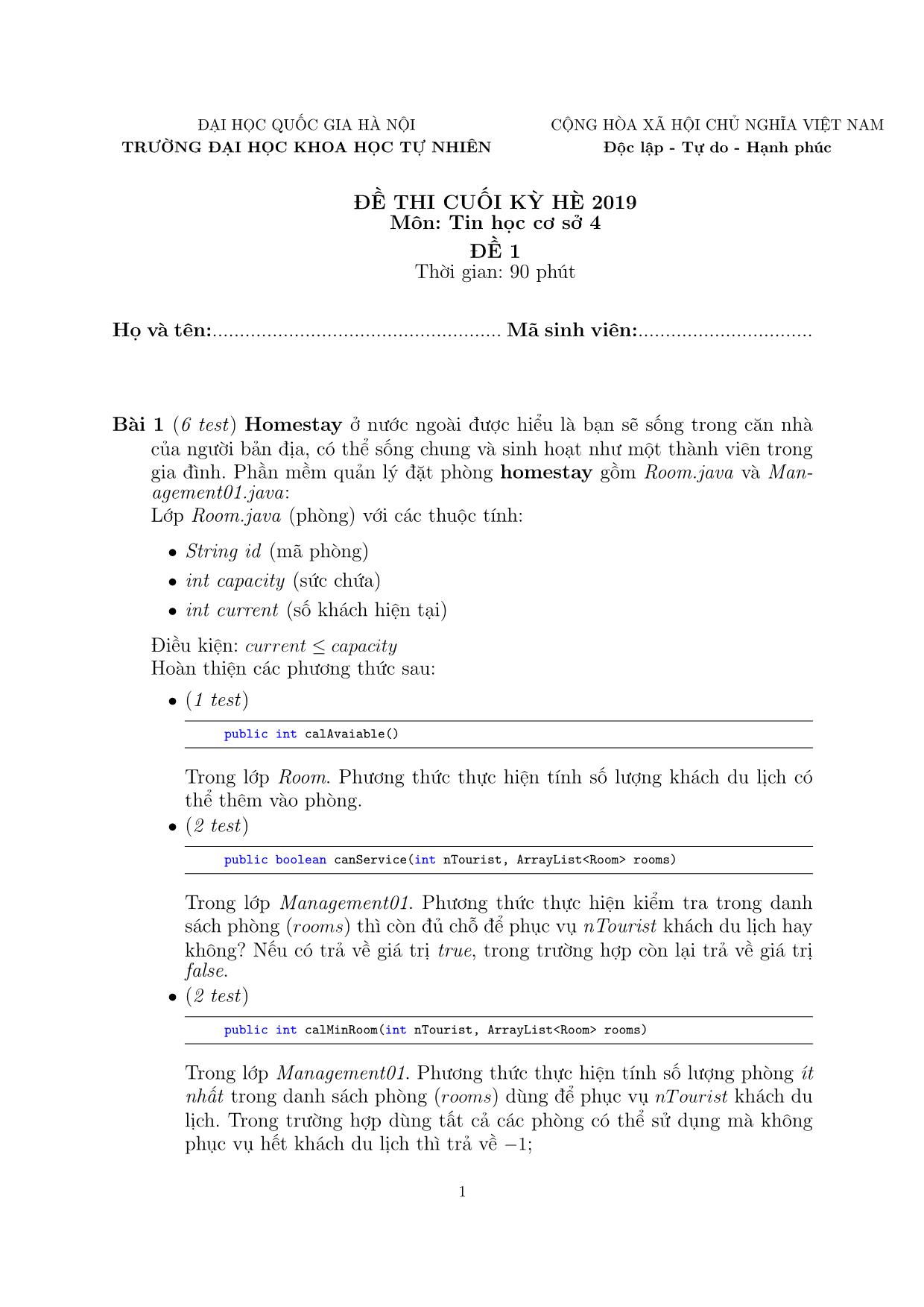 Đề thi cuối kỳ hè môn Tin học cơ sở năm 2019 - Đề 1 - Đại học Quốc gia Hà Nội trang 1