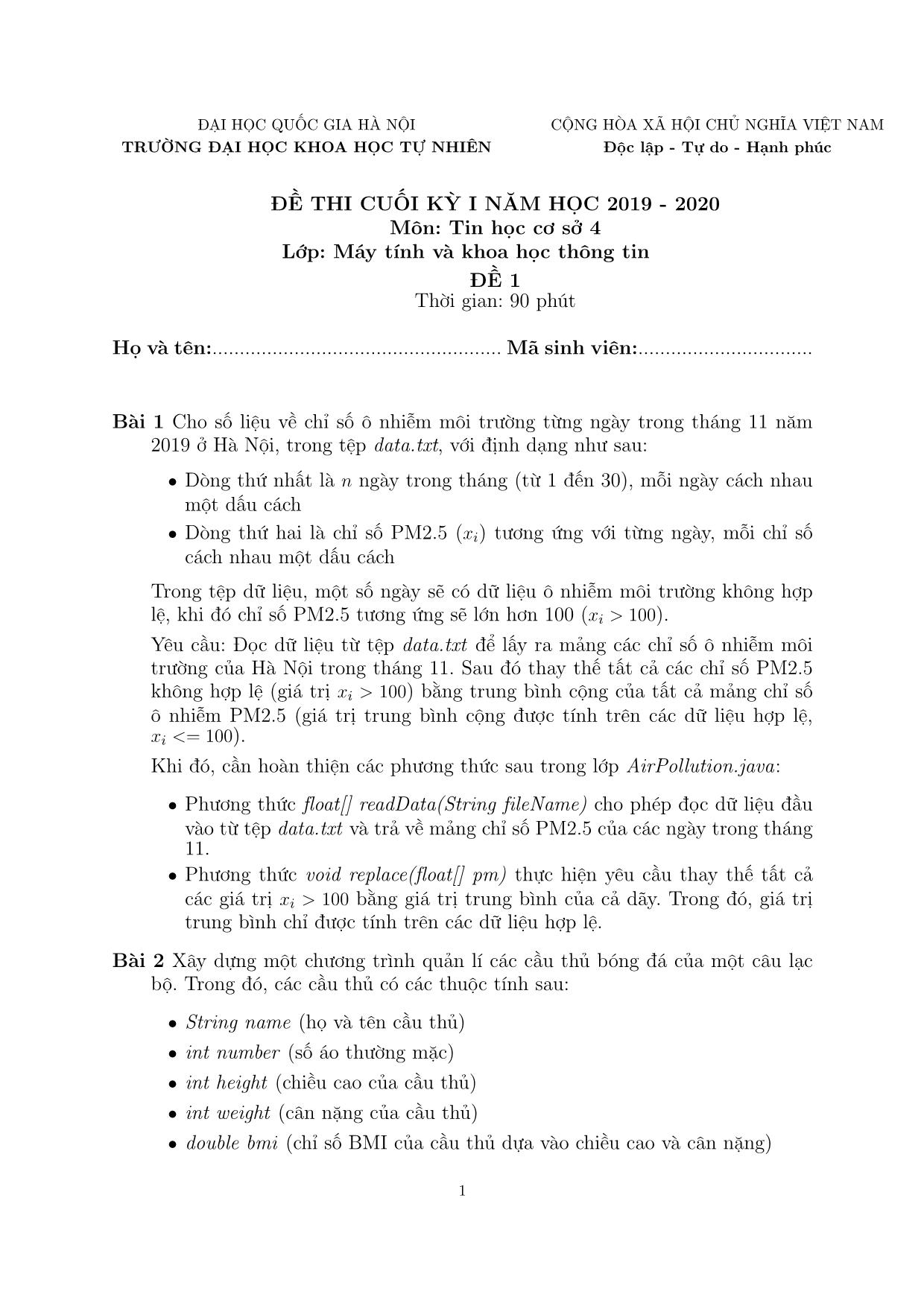 Đề thi cuối kỳ I môn Tin học cơ sở 4 - Đề 1 - Năm học 2019-2020 - Đại học Quốc gia Hà Nội trang 1