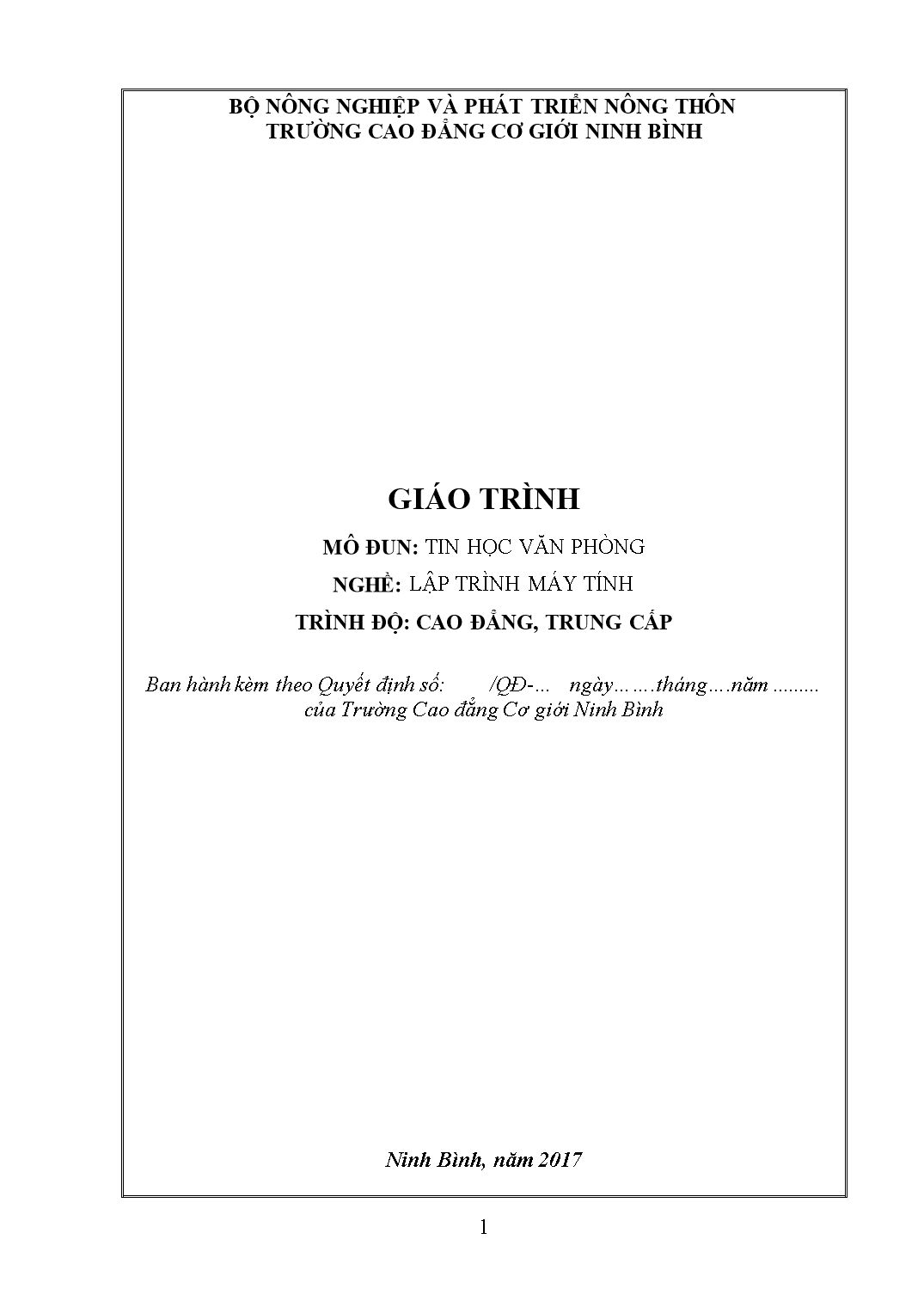 Giáo trình Tin học văn phòng - Nghề: Lập trình máy tính trang 1