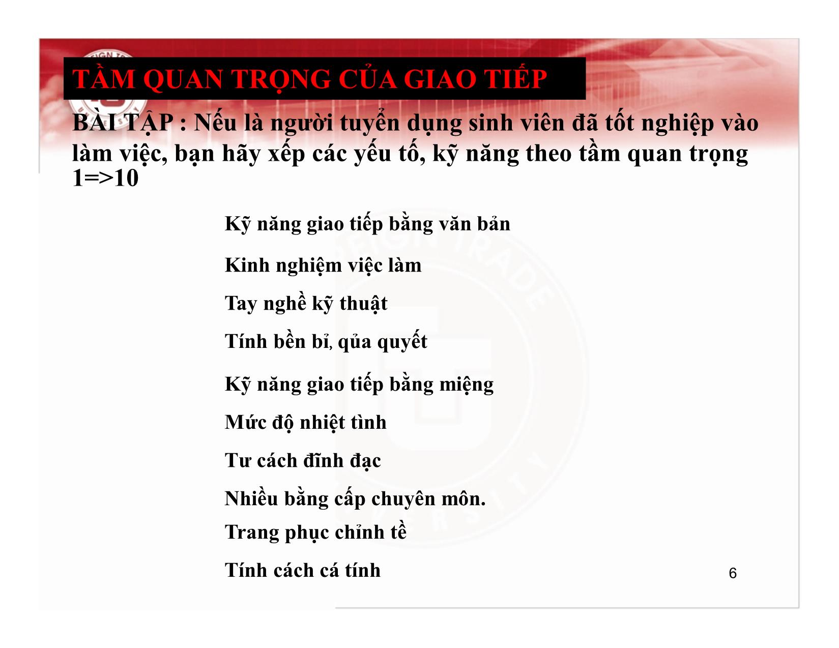 Bài giảng Kỹ năng giao tiếp, thuyết trình - Chương 1: Lý thuyết chung về giao tiếp, thuyết trình - Nguyễn Thu Trang trang 6