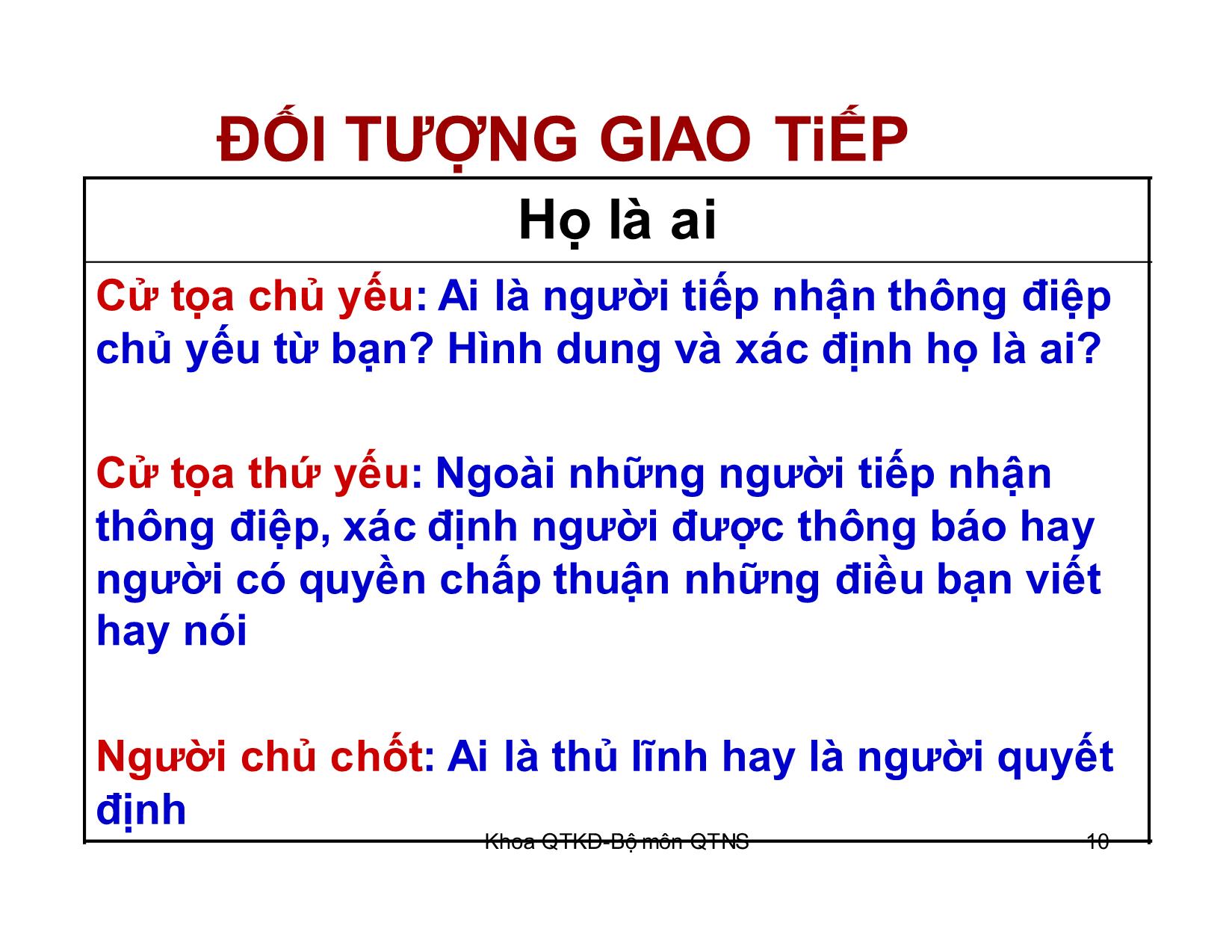 Bài giảng Kỹ năng giao tiếp trong kinh doanh - Chương 4: Đối tượng giao tiếp trang 10