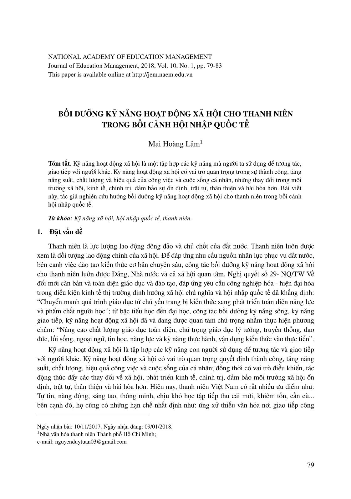 Bồi dưỡng kỹ năng hoạt động xã hội cho thanh niên trong bối cảnh hội nhập quốc tế trang 1