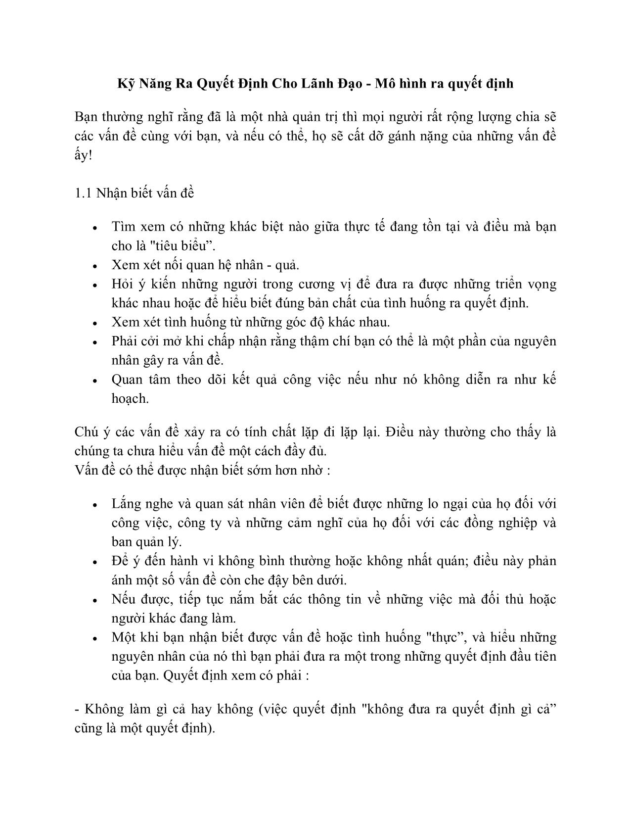 Kỹ năng ra quyết định cho lãnh đạo - Mô hình ra quyết định trang 1