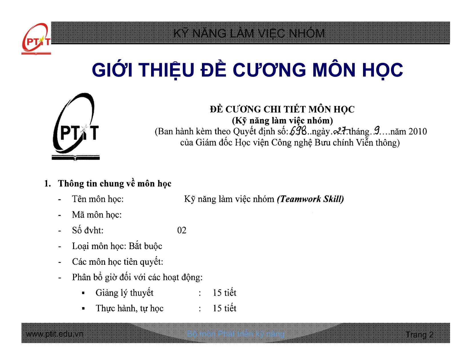 Bài giảng Kỹ năng làm việc nhóm - Chương 1: Những vấn đề chung về nhóm và làm việc nhóm - Nguyễn Quang Hưng trang 2