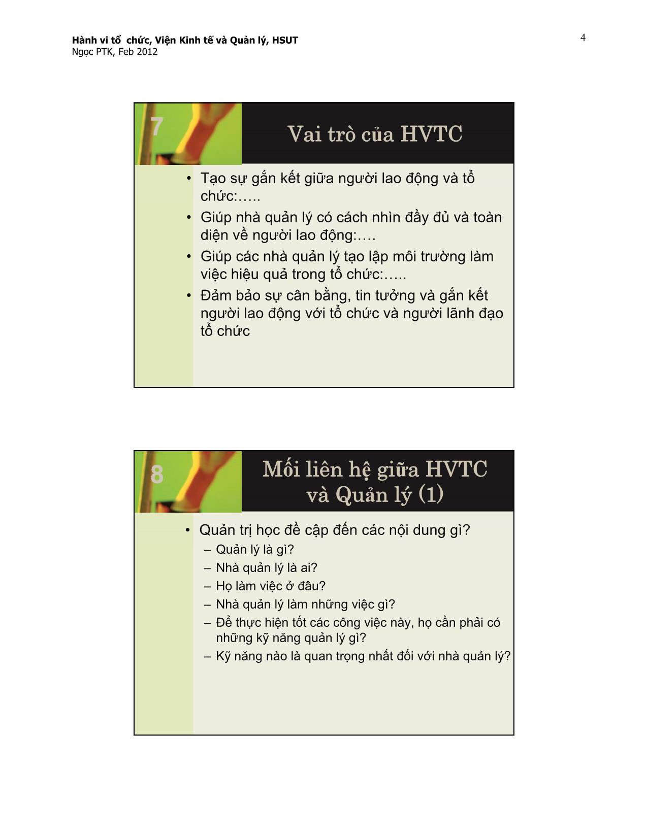 Bài giảng Hành vi tổ chức - Bài 1: Tổng quan về Hành vi tổ chức - Phạm Thị Kim Ngọc trang 4