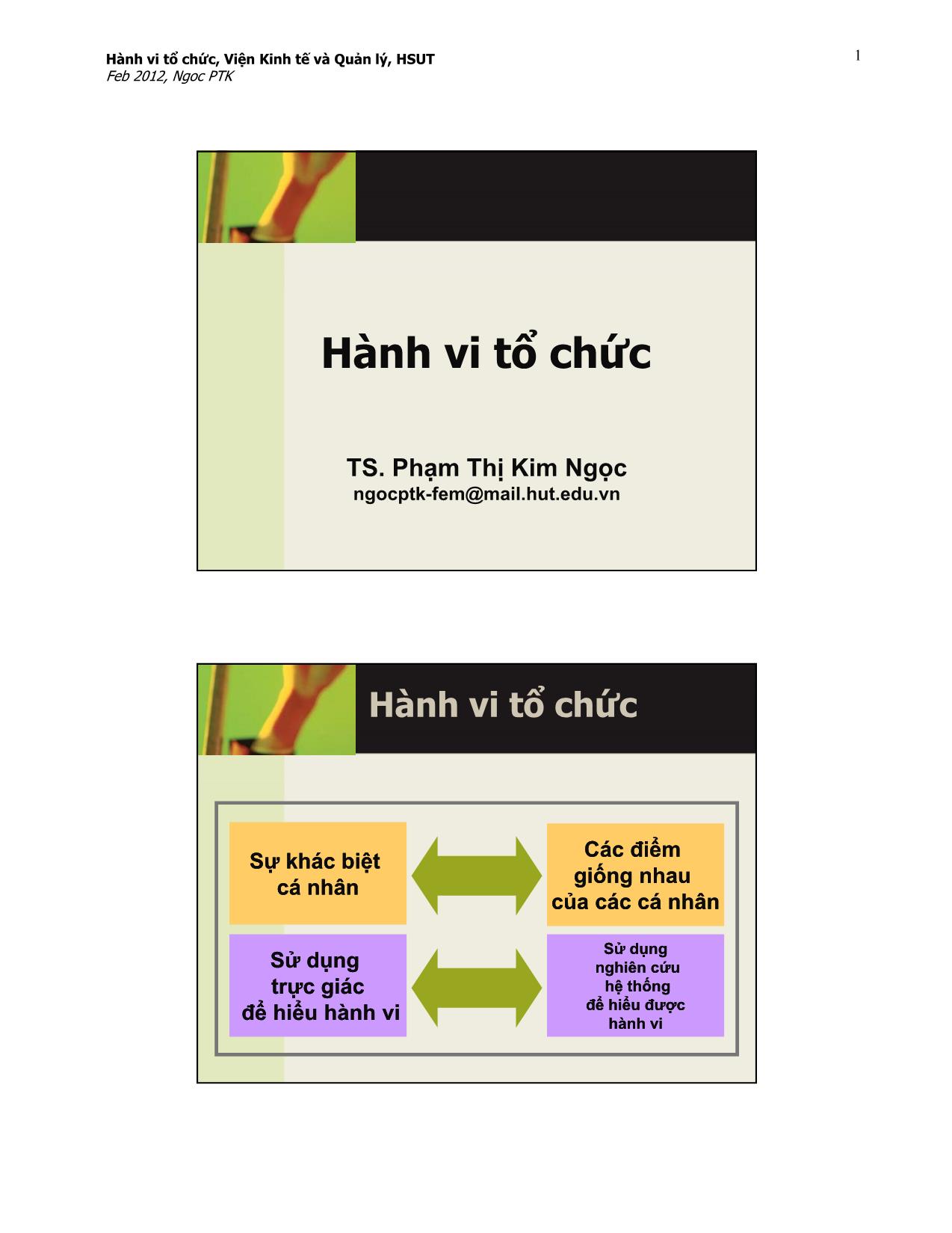 Bài giảng Hành vi tổ chức - Bài 2: Cơ sở của hành vi cá nhân trong tổ chức - Phạm Thị Kim Ngọc trang 1