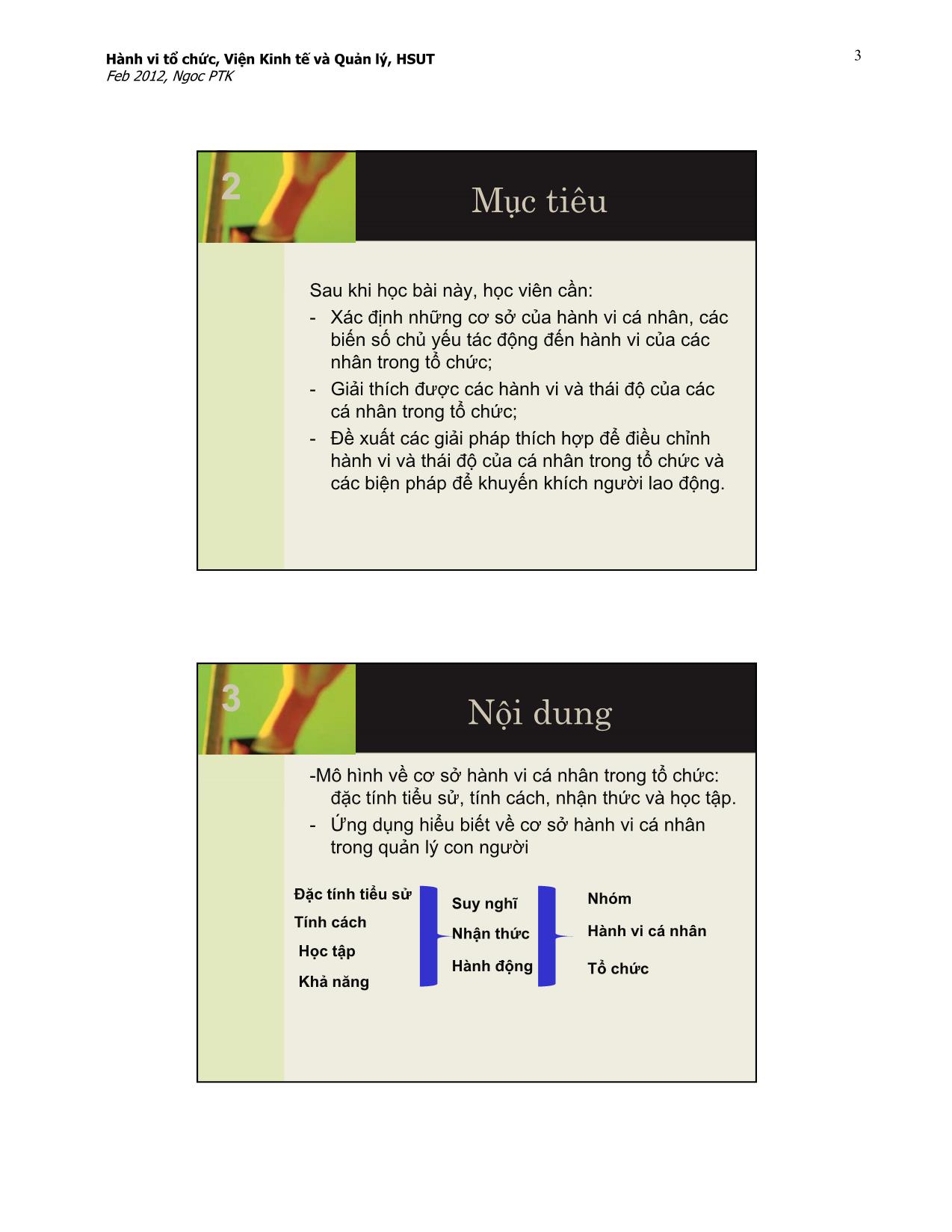 Bài giảng Hành vi tổ chức - Bài 2: Cơ sở của hành vi cá nhân trong tổ chức - Phạm Thị Kim Ngọc trang 3