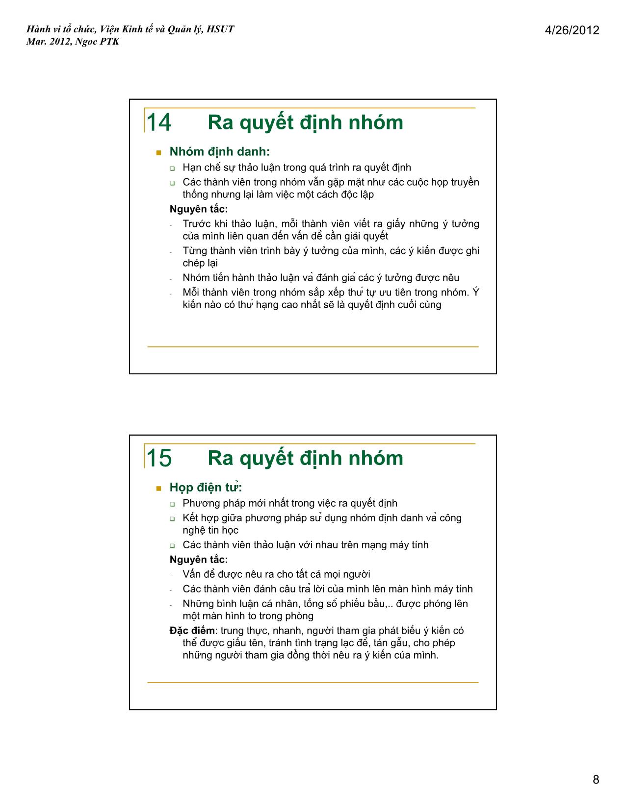 Bài giảng Hành vi tổ chức - Bài 5: Cơ sở hành vi của nhóm - Phạm Thị Kim Ngọc trang 8