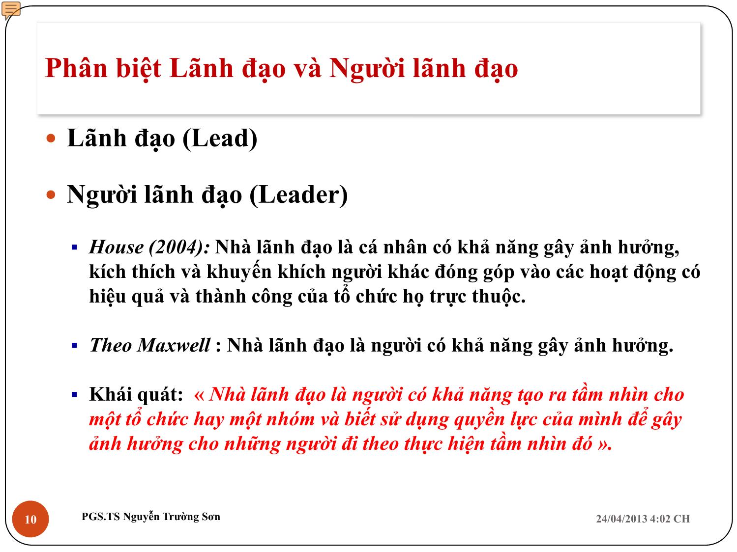 Bài giảng Kỹ năng lãnh đạo - Chương 1: Bản chất của lãnh đạo - Nguyễn Trường Sơn trang 10