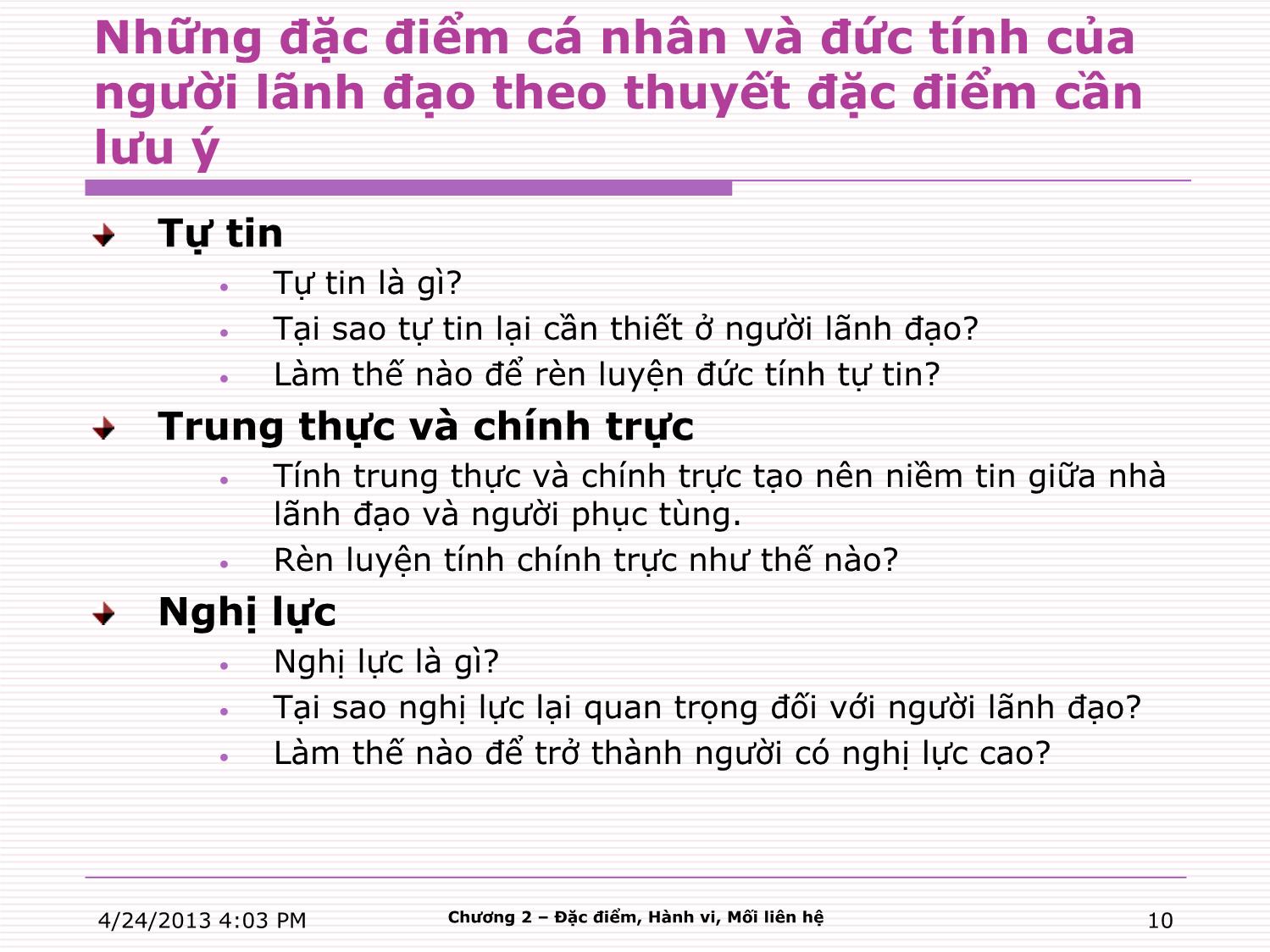 Bài giảng Kỹ năng lãnh đạo - Chương 2: Tiếp cận người lãnh đạo thông qua đặc điểm, hành vi và các mối liên hệ trang 10