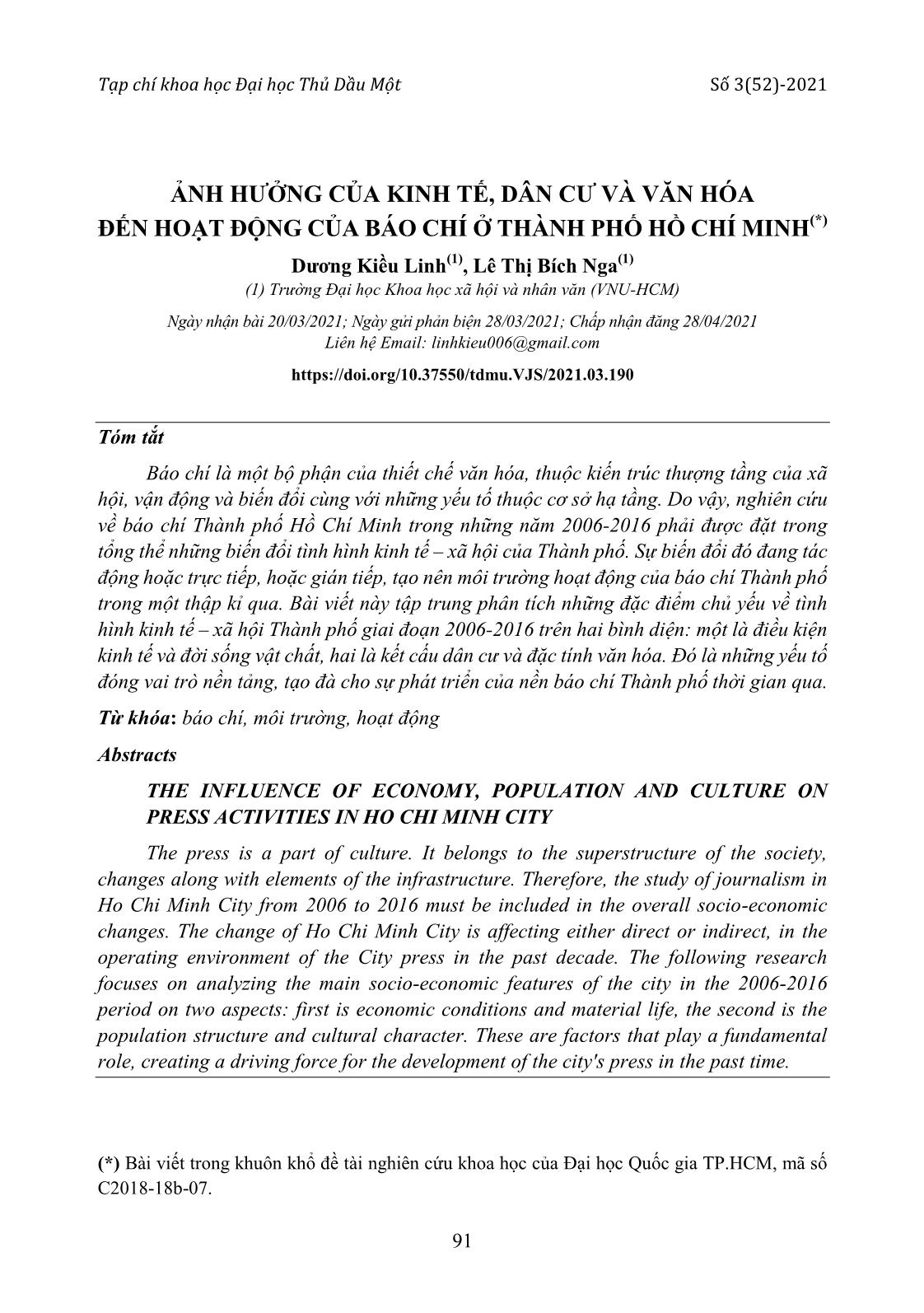 Ảnh hưởng của kinh tế, dân cư và văn hóa đến hoạt động của báo chí ở thành phố Hồ Chí Minh trang 1