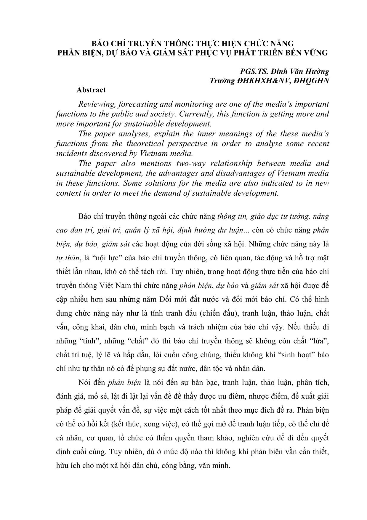 Báo chí truyền thông thực hiện chức năng phản biện, dự báo và giám sát phục vụ phát triển bền vững trang 1