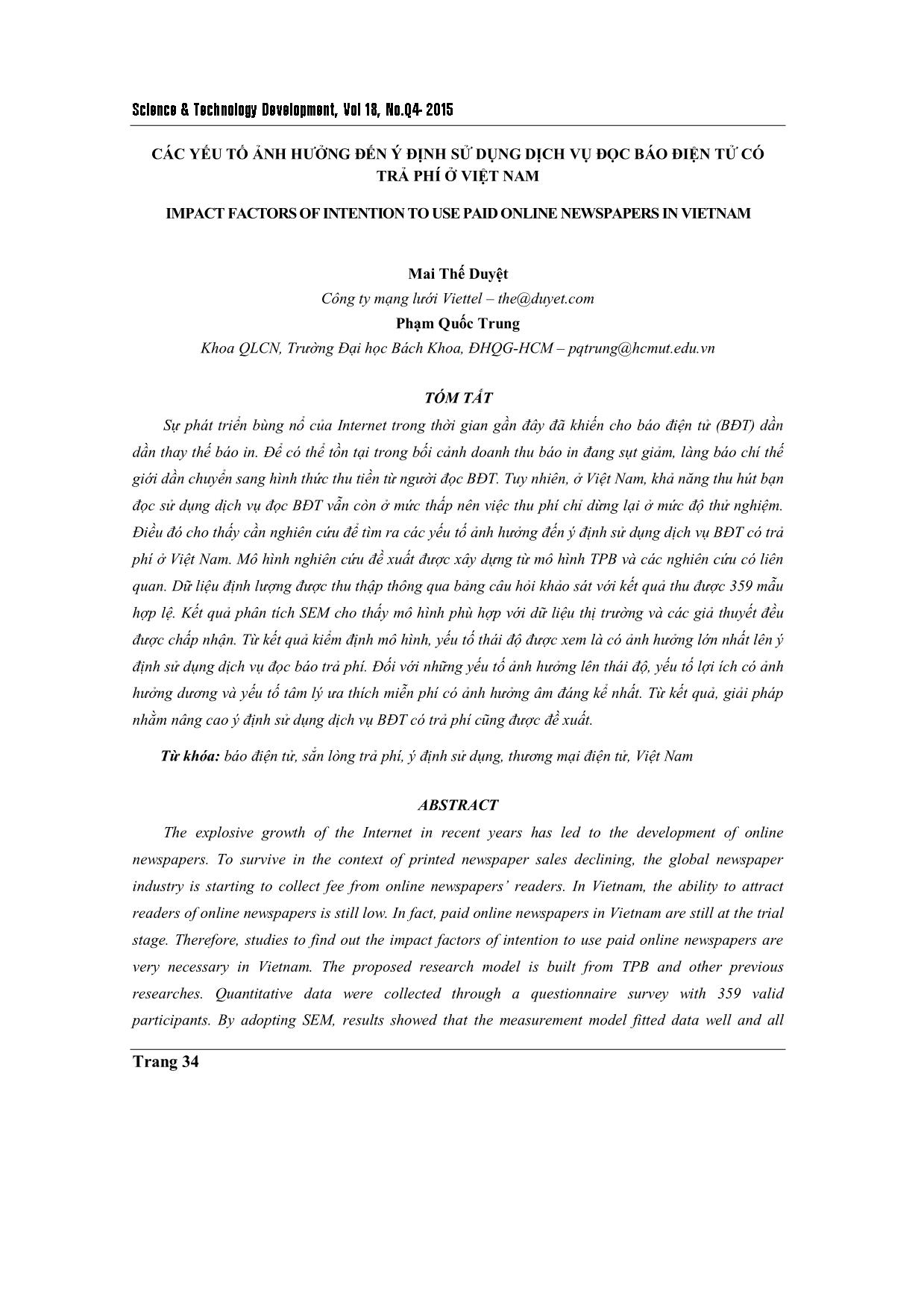 Các yếu tố ảnh hưởng đến ý định sử dụng dịch vụ đọc báo điện tử có trả phí ở Việt Nam trang 1