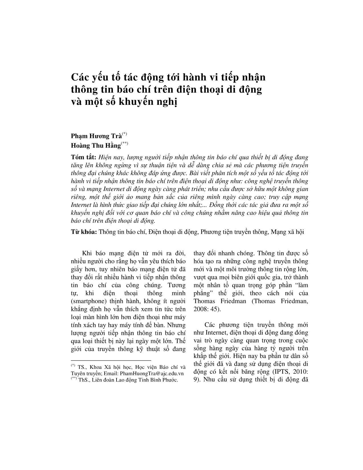 Các yếu tố tác động tới hành vi tiếp nhận thông tin báo chí trên điện thoại di động và một số khuyến nghị trang 1