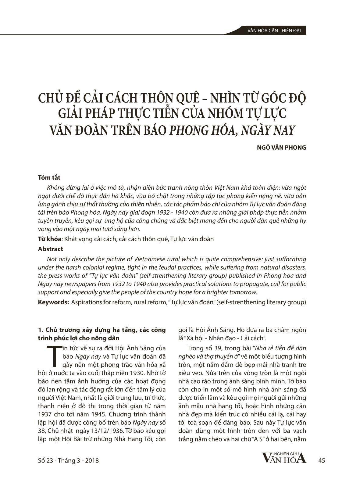 Chủ đề cải cách thôn quê – Nhìn từ góc độ giải pháp thực tiễn của nhóm tự lực văn đoàn trên báo Phong hóa, ngày nay trang 1