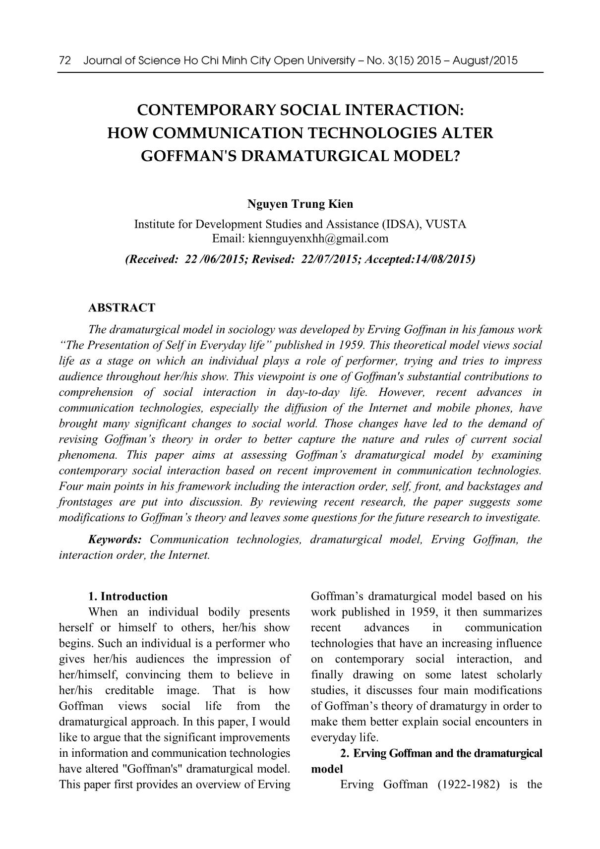 Contemporary social interaction: How communication technologies alter goffmans dramaturgical model? trang 1