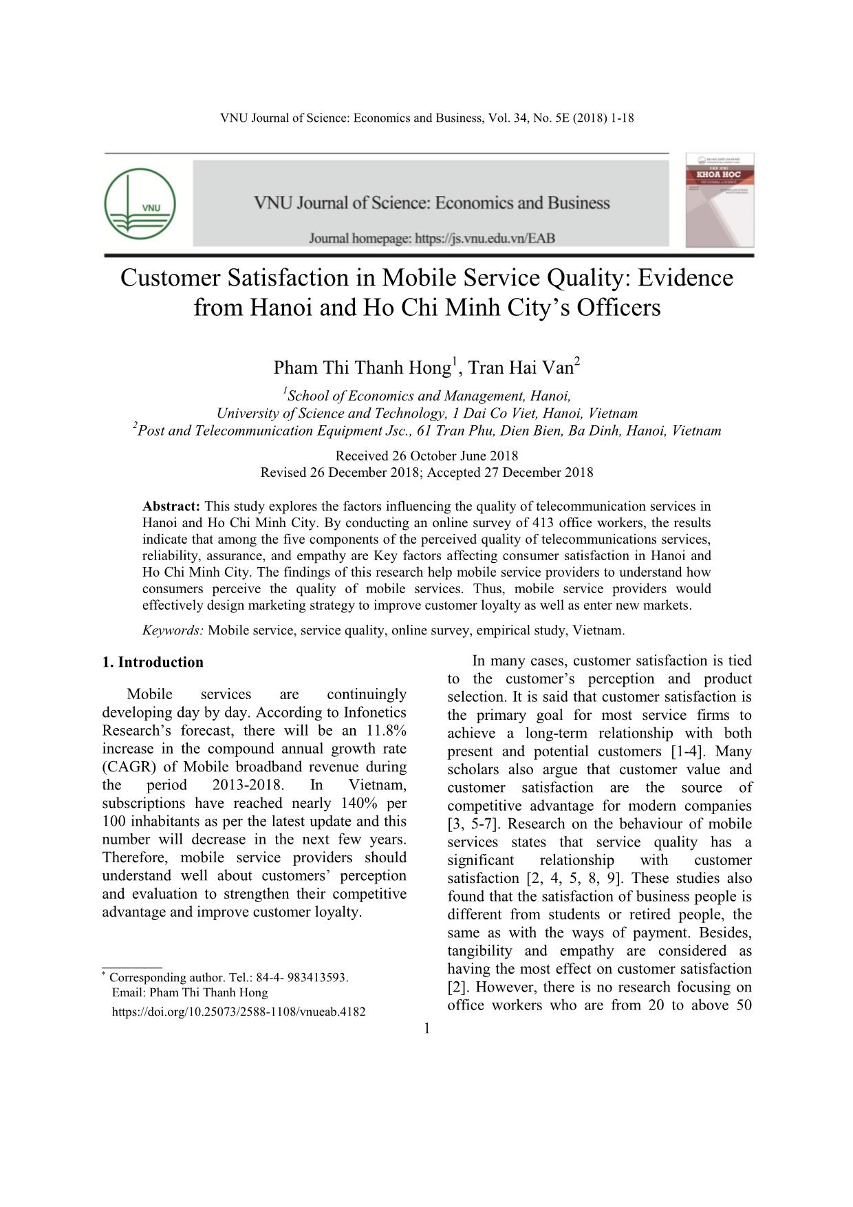 Customer satisfaction in mobile service quality: Evidence from hanoi and Ho Chi Minh city’s officers trang 1