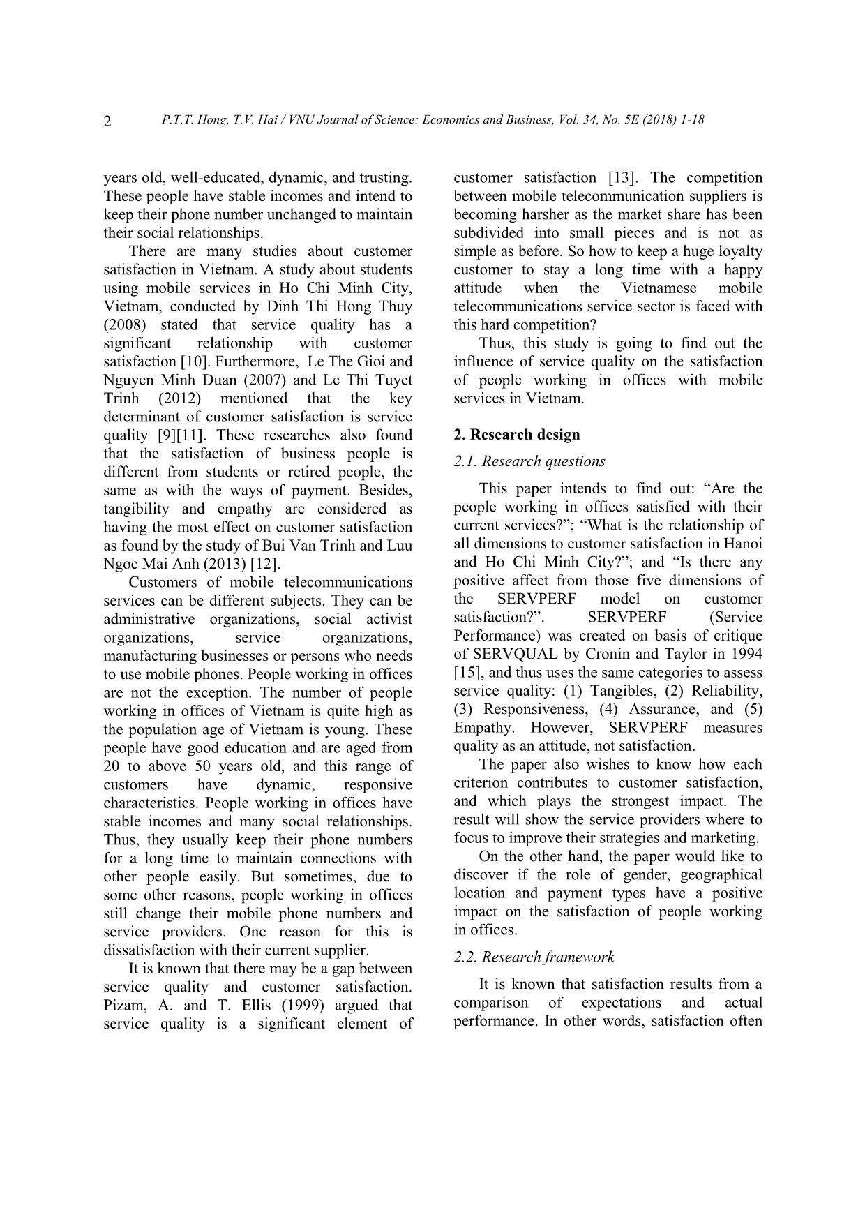 Customer satisfaction in mobile service quality: Evidence from hanoi and Ho Chi Minh city’s officers trang 2