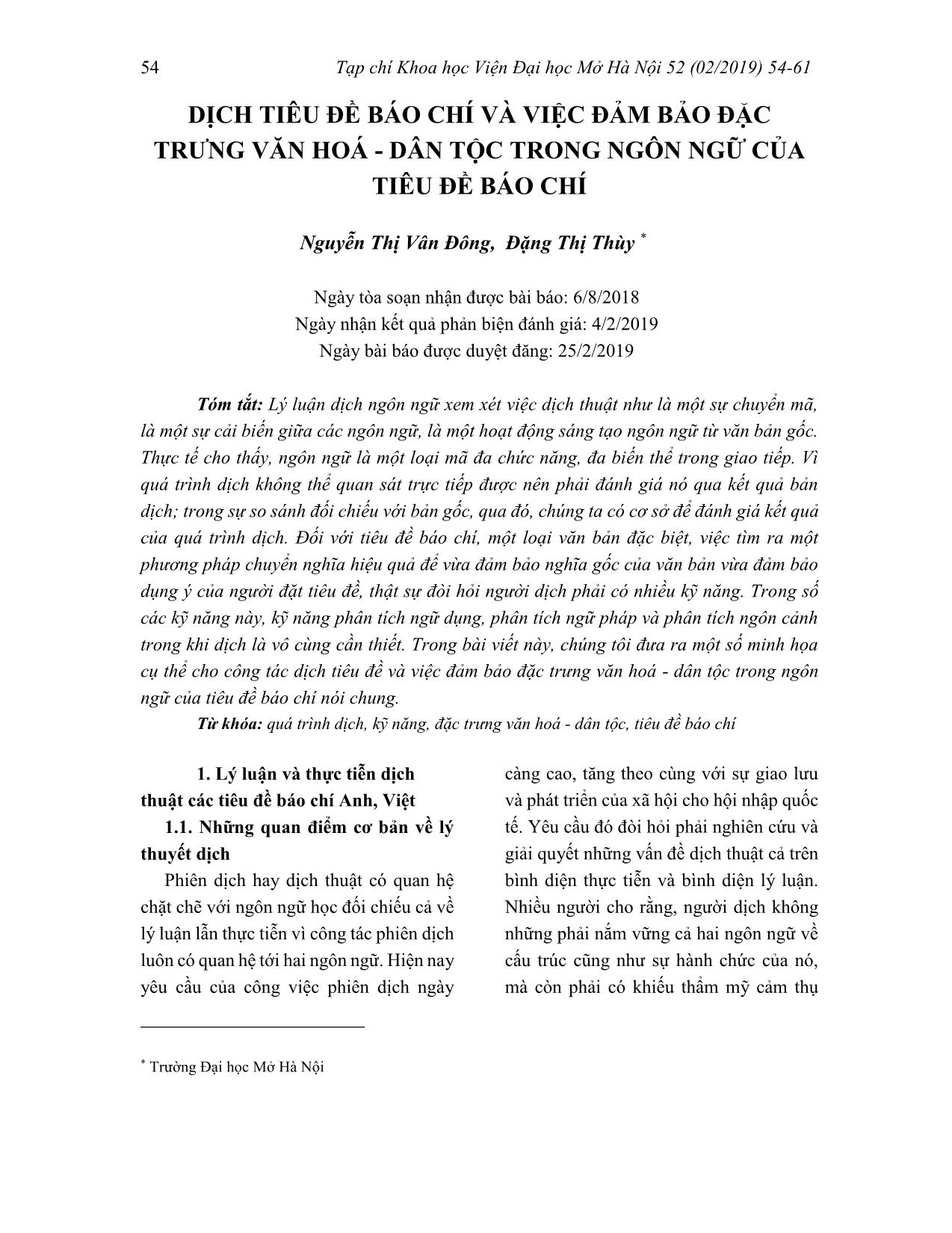 Dịch tiêu đề báo chí và việc đảm bảo đặc trưng văn hoá - dân tộc trong ngôn ngữ của tiêu đề báo chí trang 1