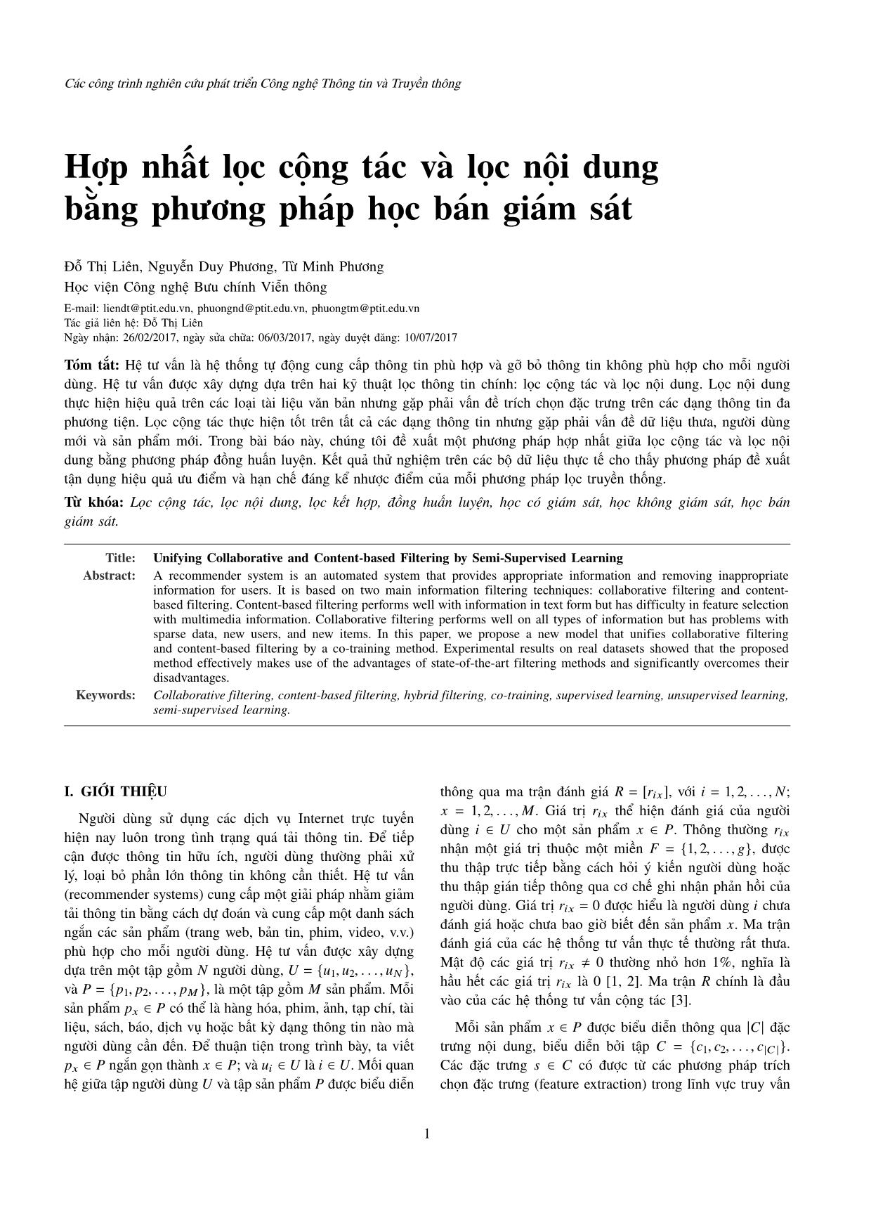 Hợp nhất lọc cộng tác và lọc nội dung bằng phương pháp học bán giám sát trang 1