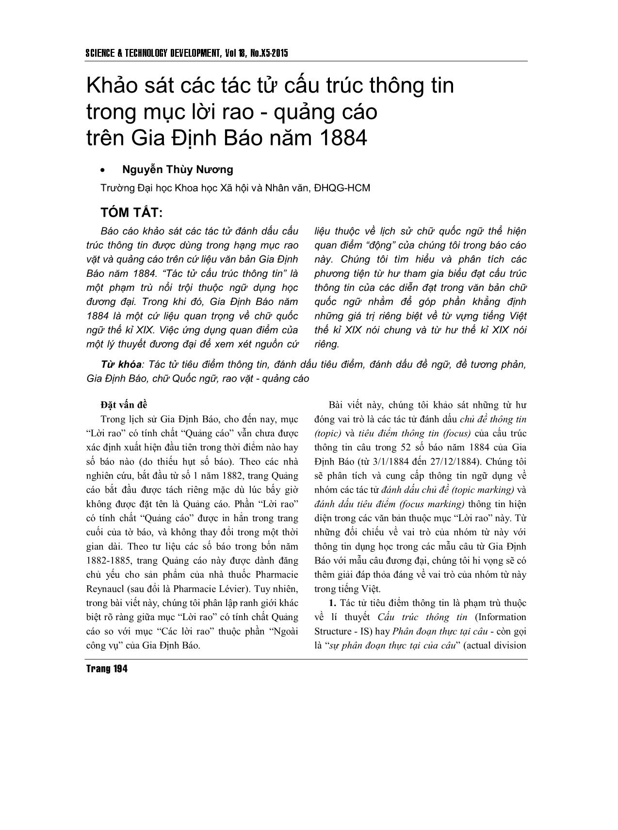 Khảo sát các tác tử cấu trúc thông tin trong mục lời rao - quảng cáo trên Gia Định Báo năm 1884 trang 1