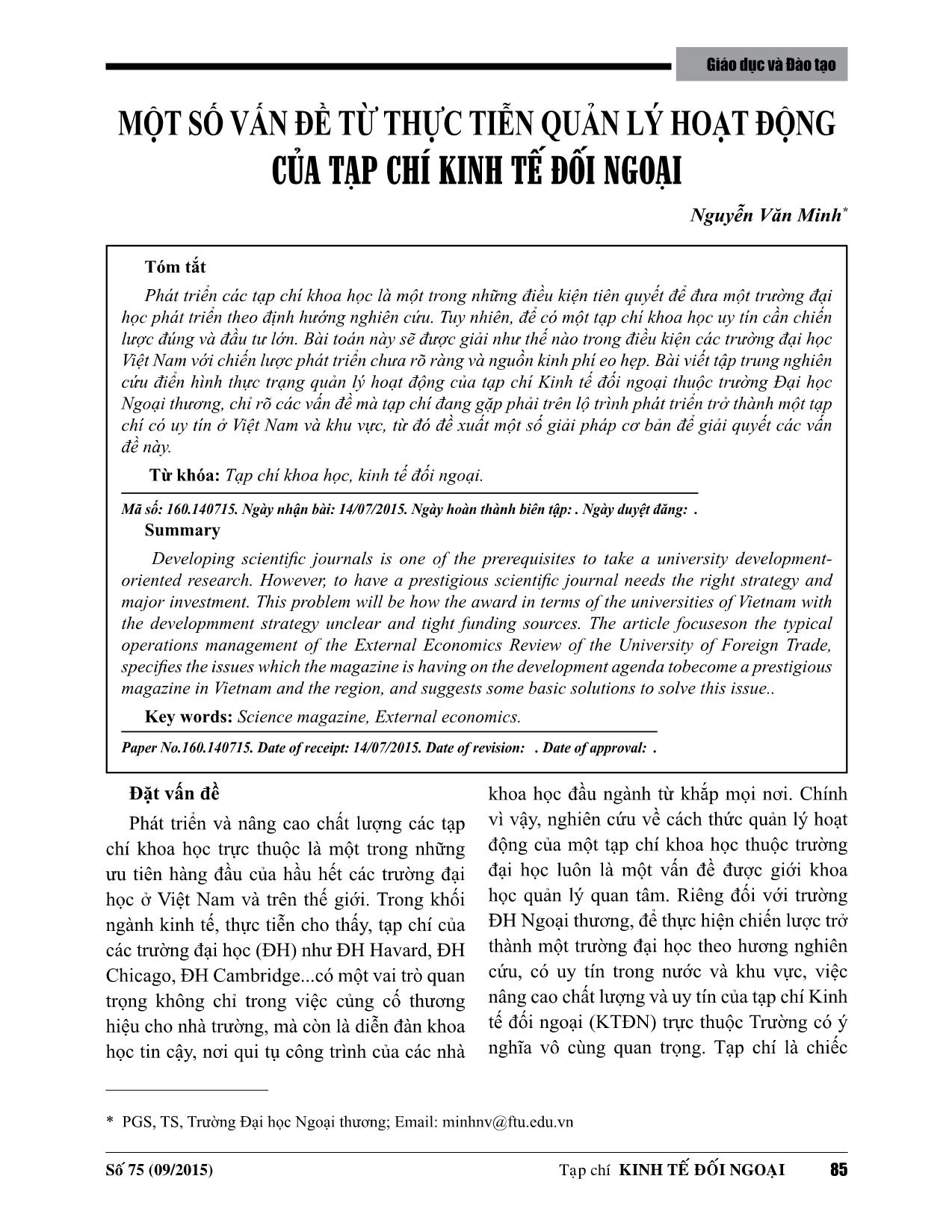 Một số vấn đề từ thực tiễn quản lý hoạt động của tạp chí kinh tế đối ngoại trang 1