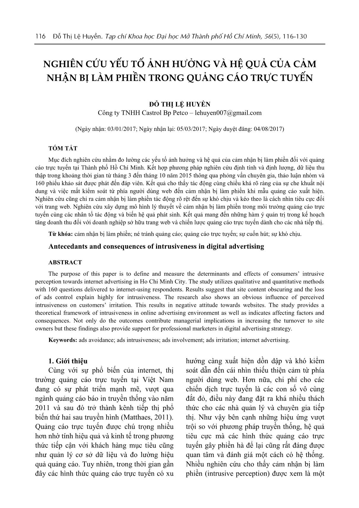 Nghiên cứu yếu tố ảnh hưởng và hệ quả của cảm nhận bị làm phiền trong quảng cáo trực tuyến trang 1