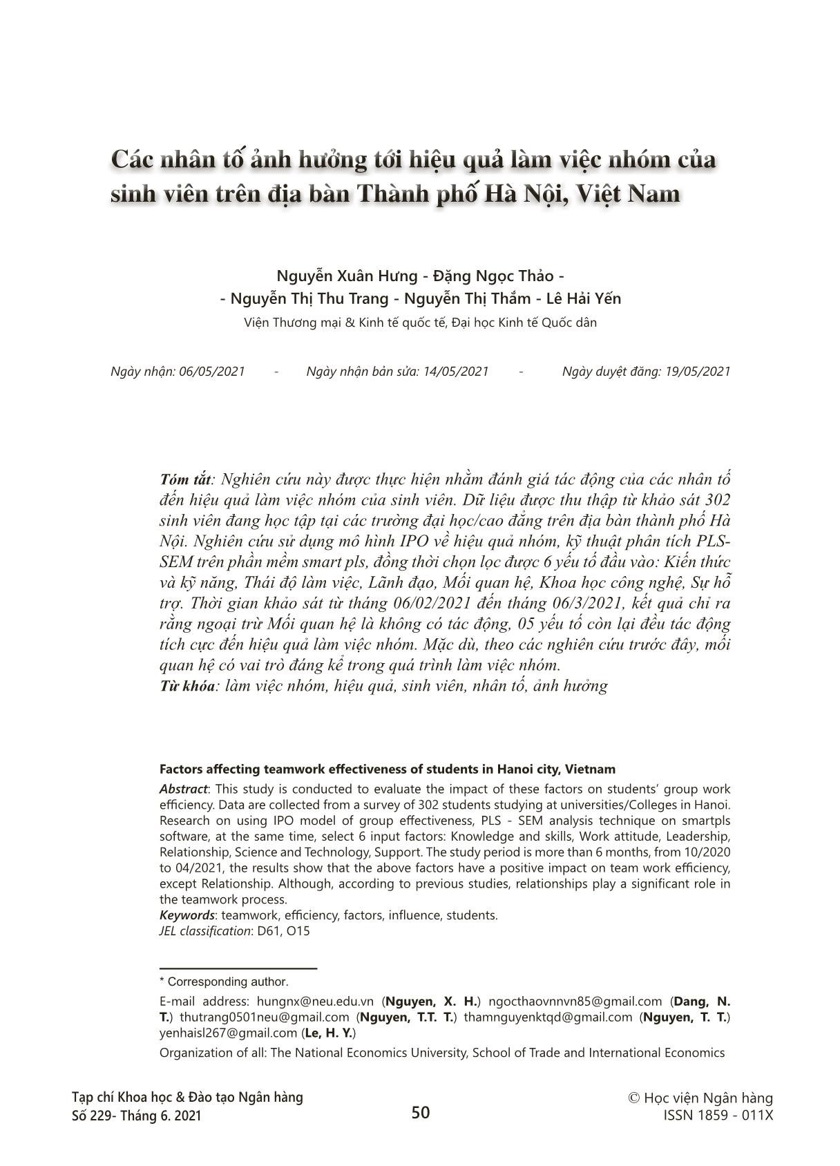 Các nhân tố ảnh hưởng tới hiệu quả làm việc nhóm của sinh viên trên địa bàn thành phố Hà Nội, Việt Nam trang 1