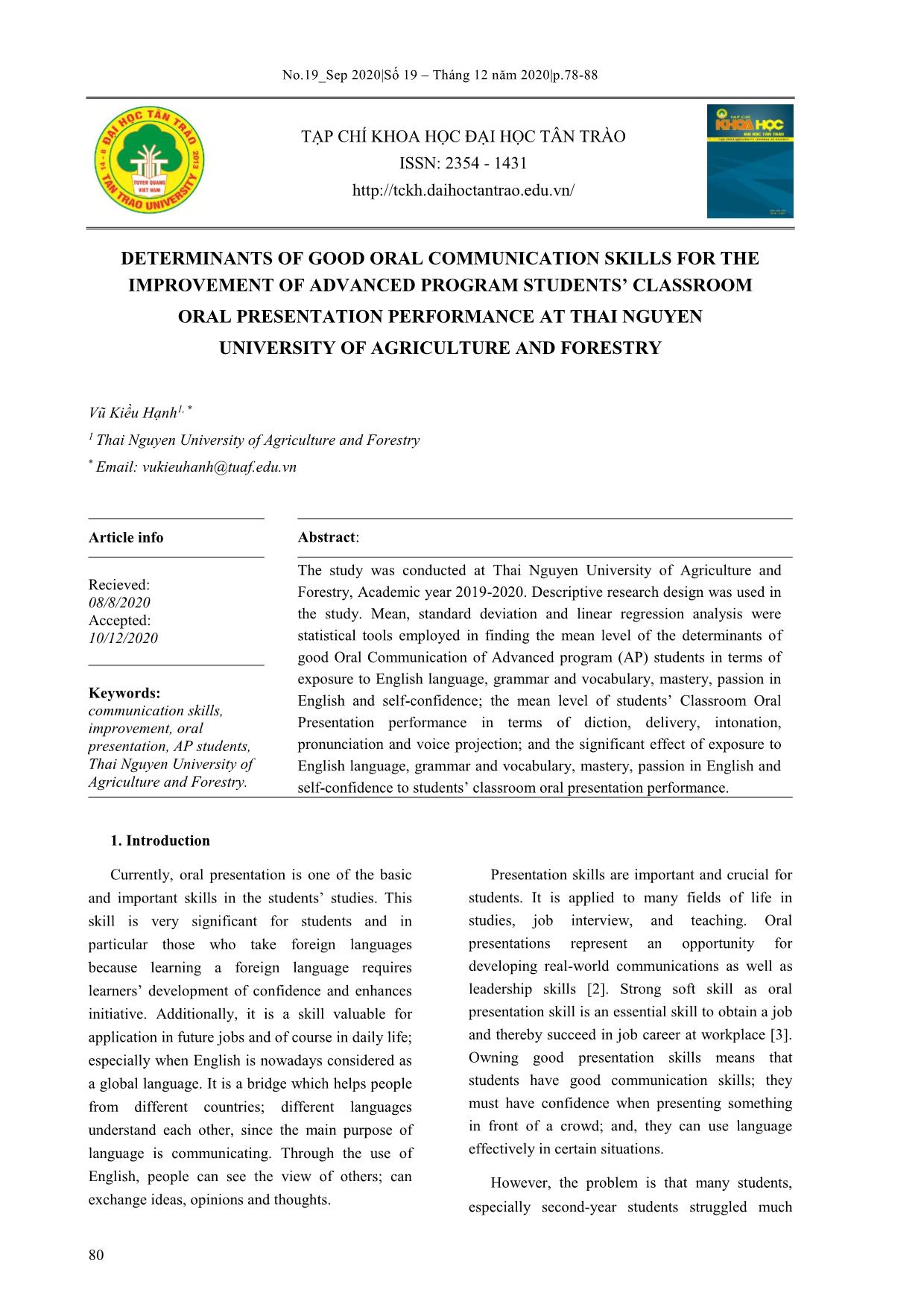 Determinants of good oral communication skills for the improvement of advanced program students’ classroom oral presentation performance at thai nguyen university of agriculture and forestry trang 1