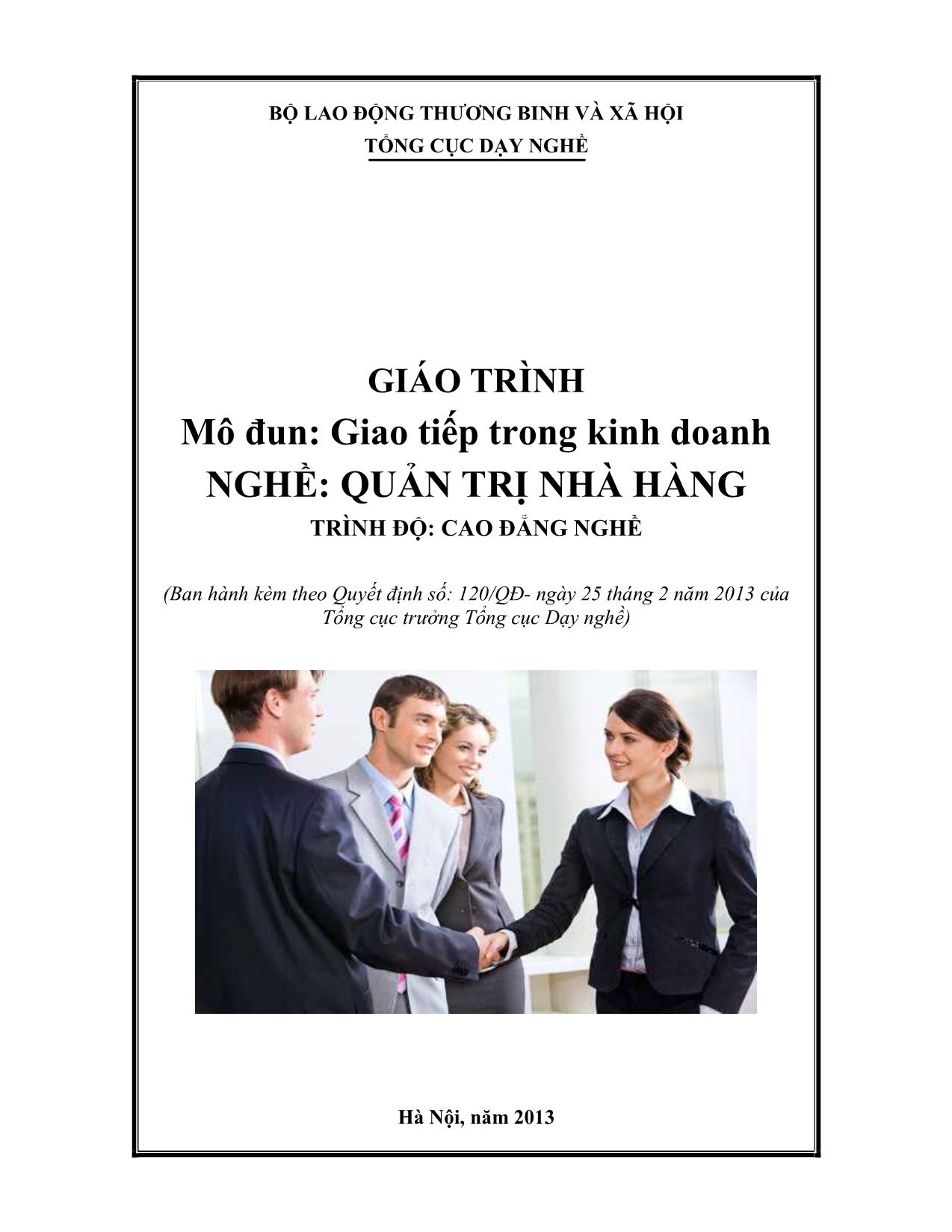 Giáo trình Mô đun Giao tiếp trong kinh doanh - Quản trị nhà hàng trang 1