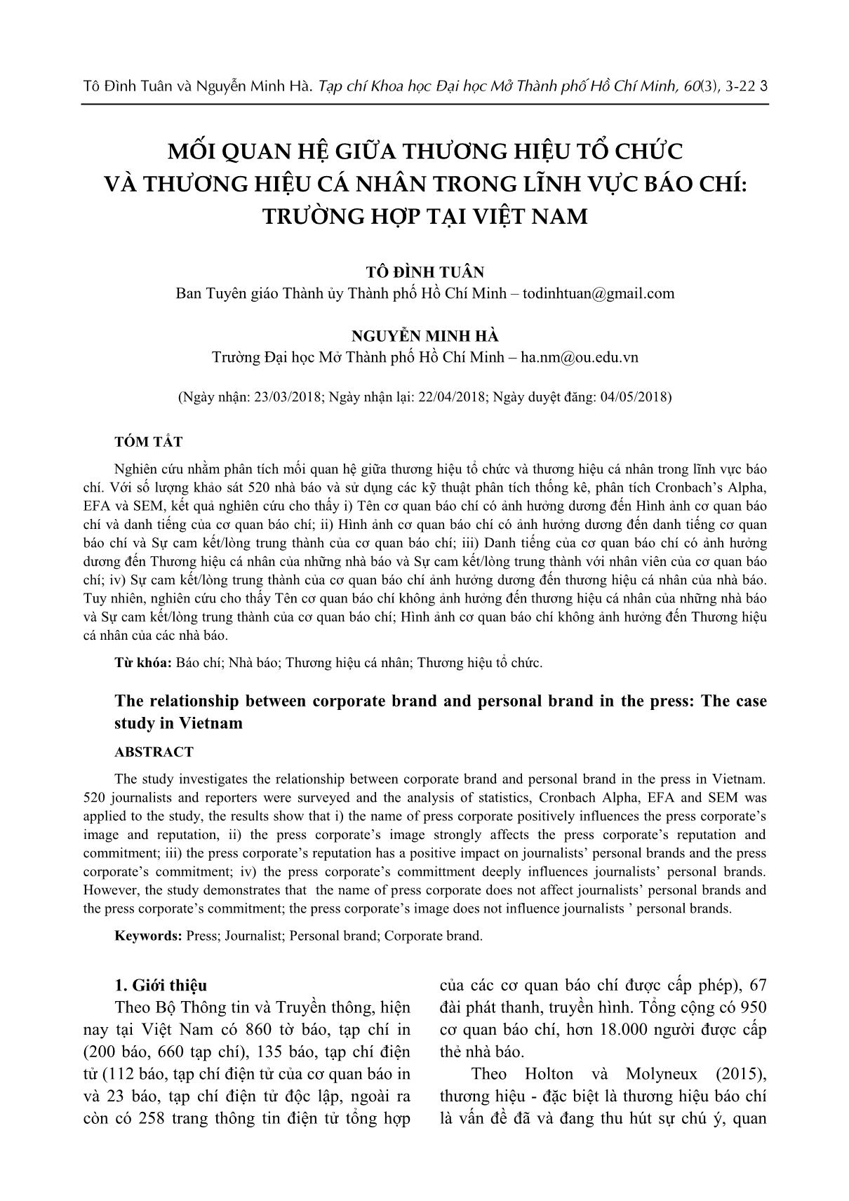 Mối quan hệ giữa thương hiệu tổ chức và thương hiệu cá nhân trong lĩnh vực báo chí: Trường hợp tại Việt Nam trang 1