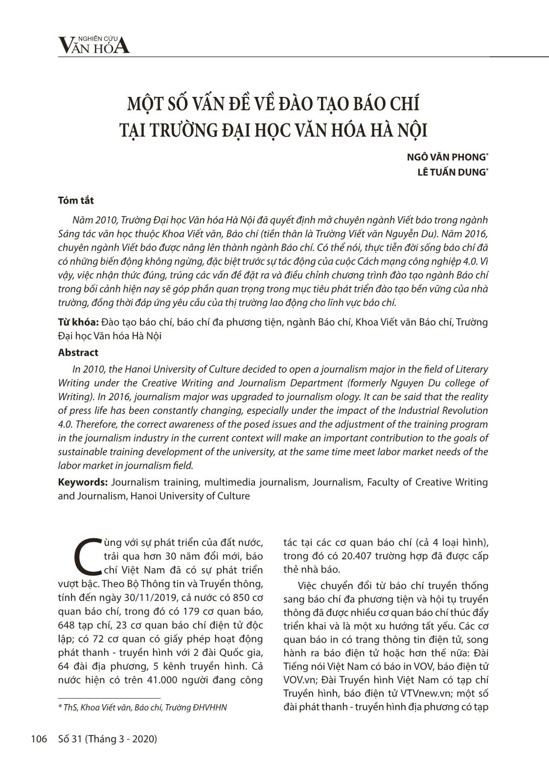 Một số vấn đề về đào tạo báo chí tại trường Đại học Văn hóa Hà Nội trang 1