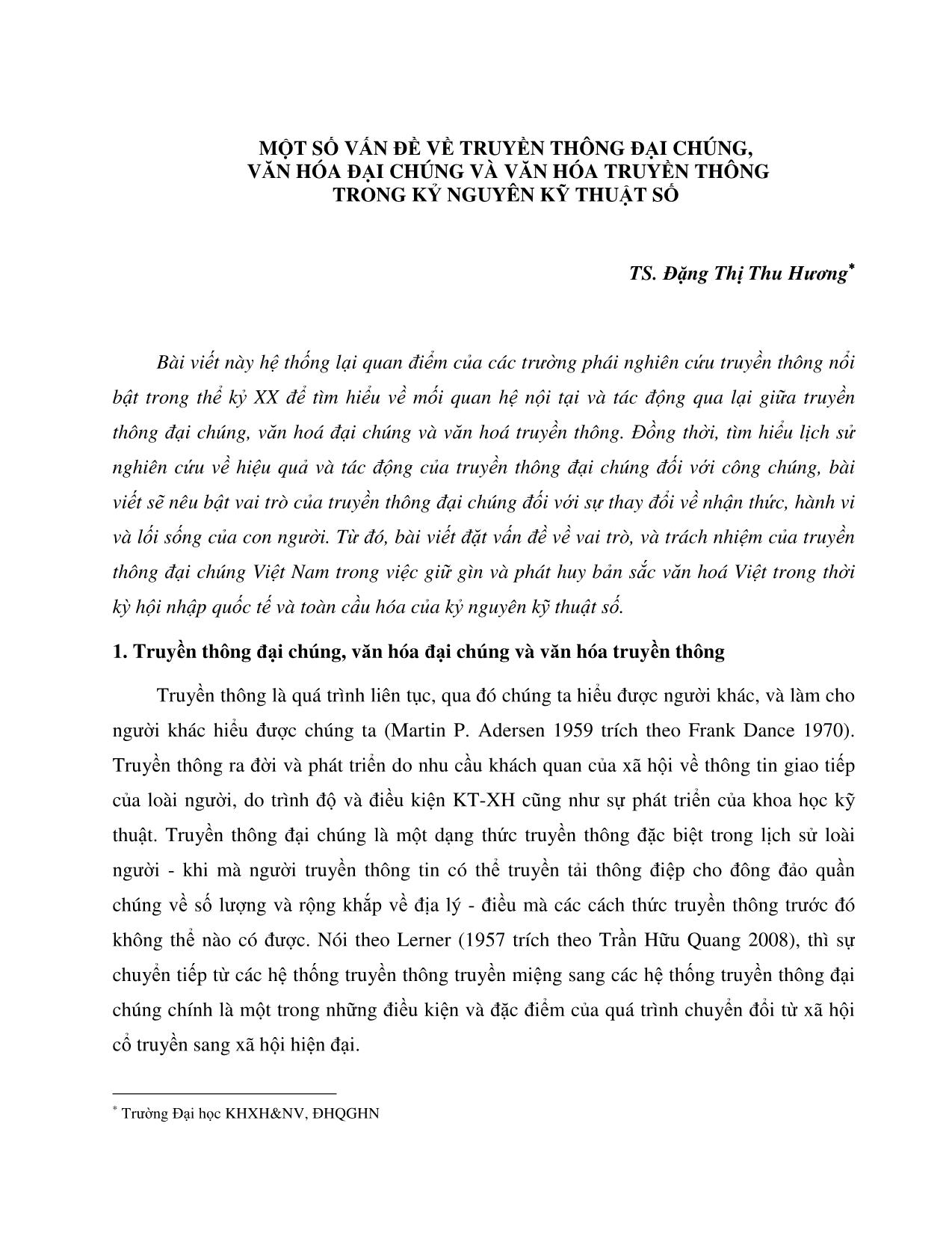 Một số vấn đề về truyền thông đại chúng, văn hóa đại chúng và văn hóa truyền thông trong kỷ nguyên kỹ thuật số trang 1